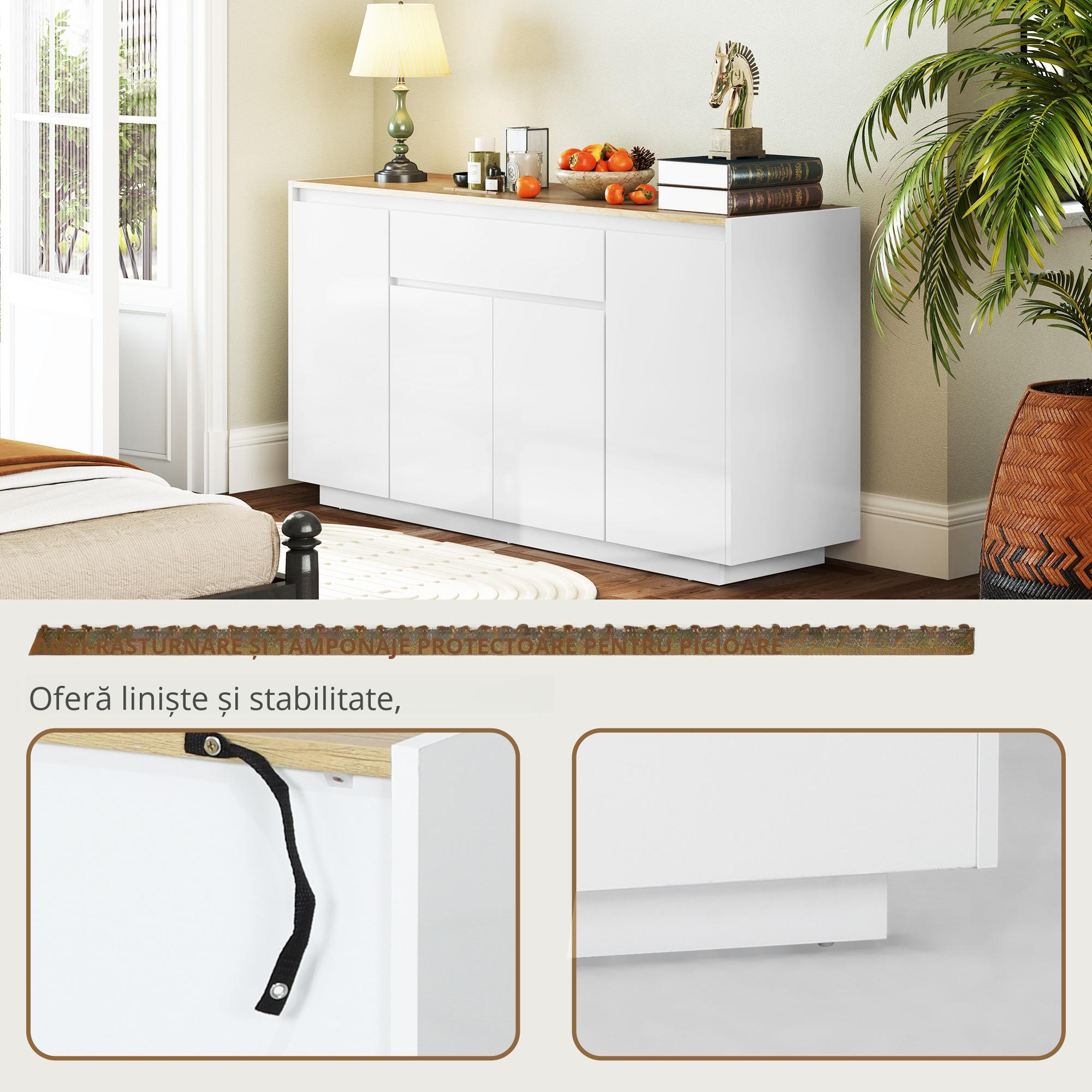  Bufet de Bucatarie cu 3 Dulapuri si 4 Usi cu ichidere Lina, Mobilier Modern cu Sertar, 140x40x75 cm, Alb [3]