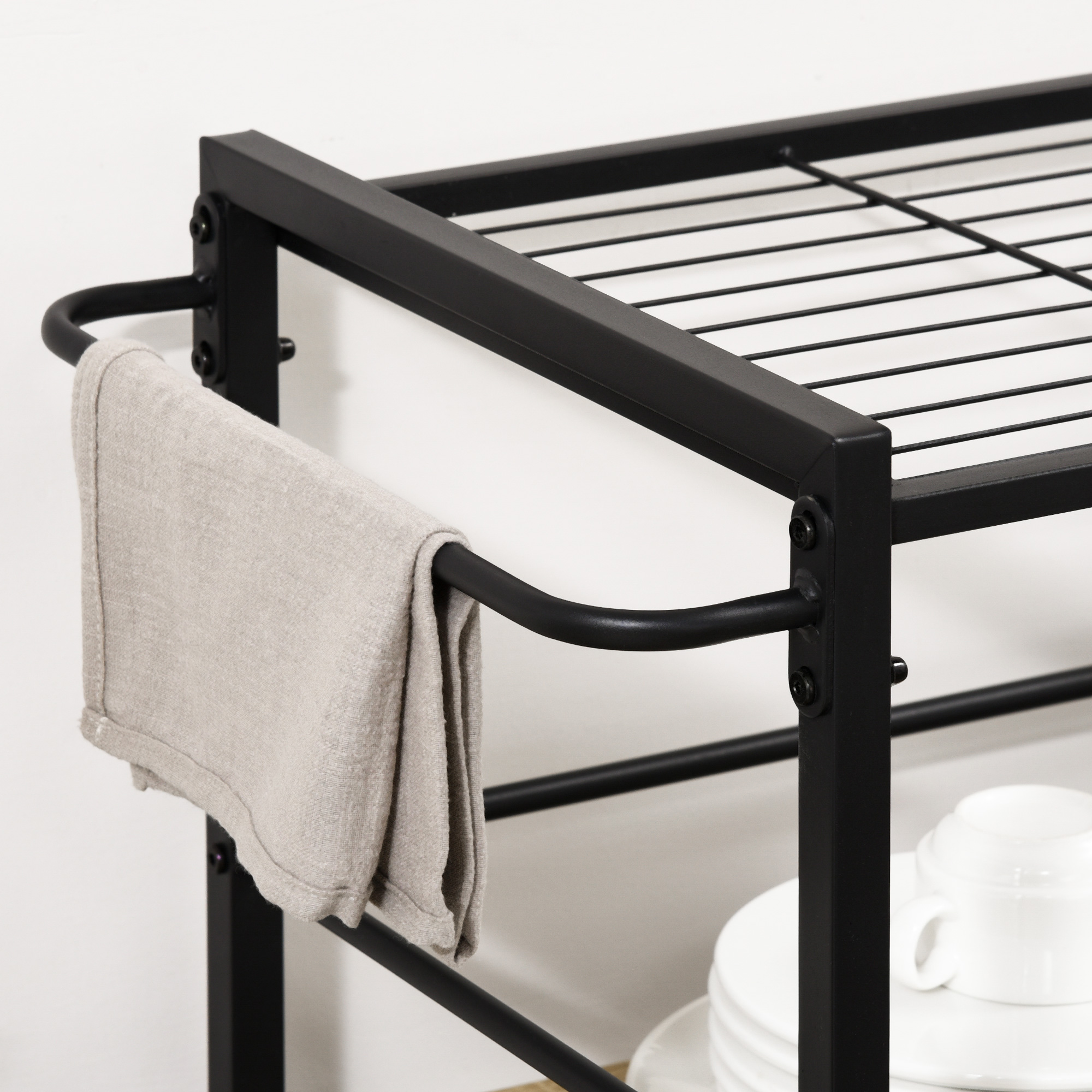  Carucior de bucatarie cu 3 rafturi si tava detasabila e roti mobile, carucior de bucatarie in stil industrial 65x40x86cm, lemn si negru [7]