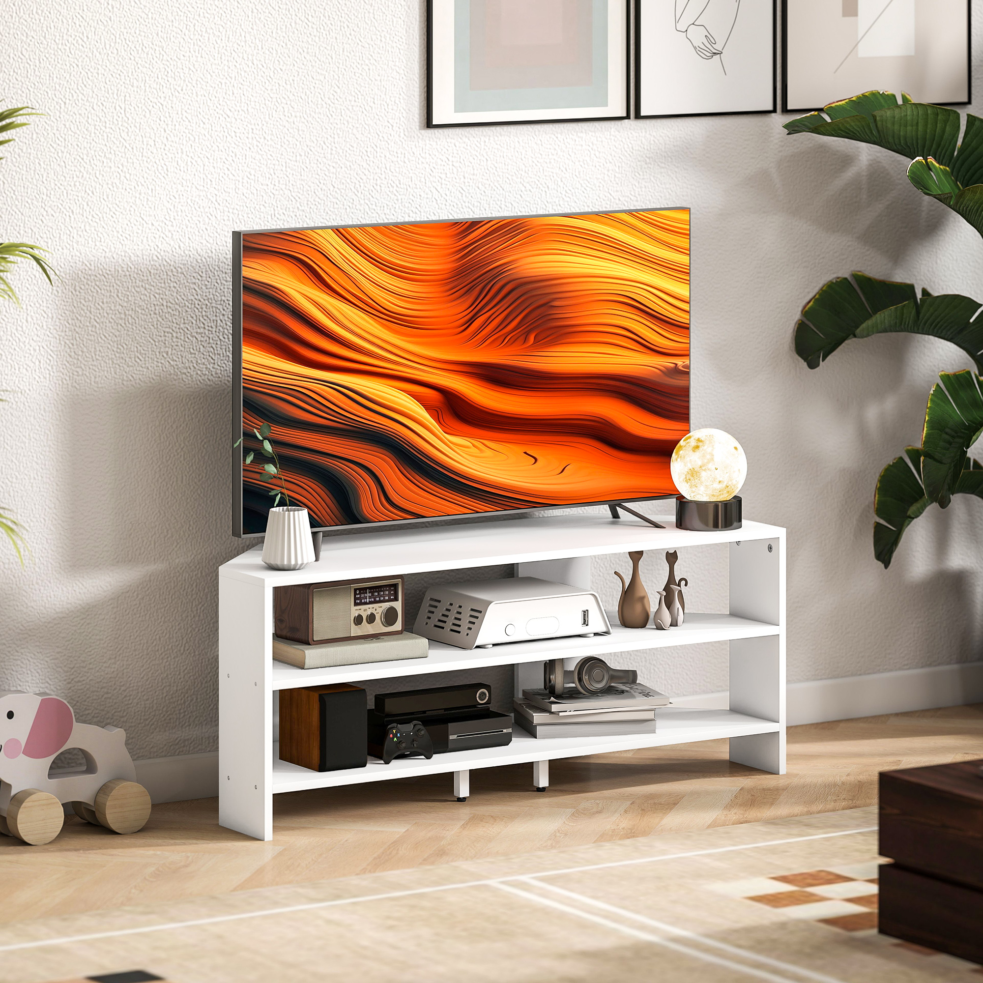  Comoda TV de Colt 47" max cu 2 Rafturi Deschise din Lemn Alb [5]
