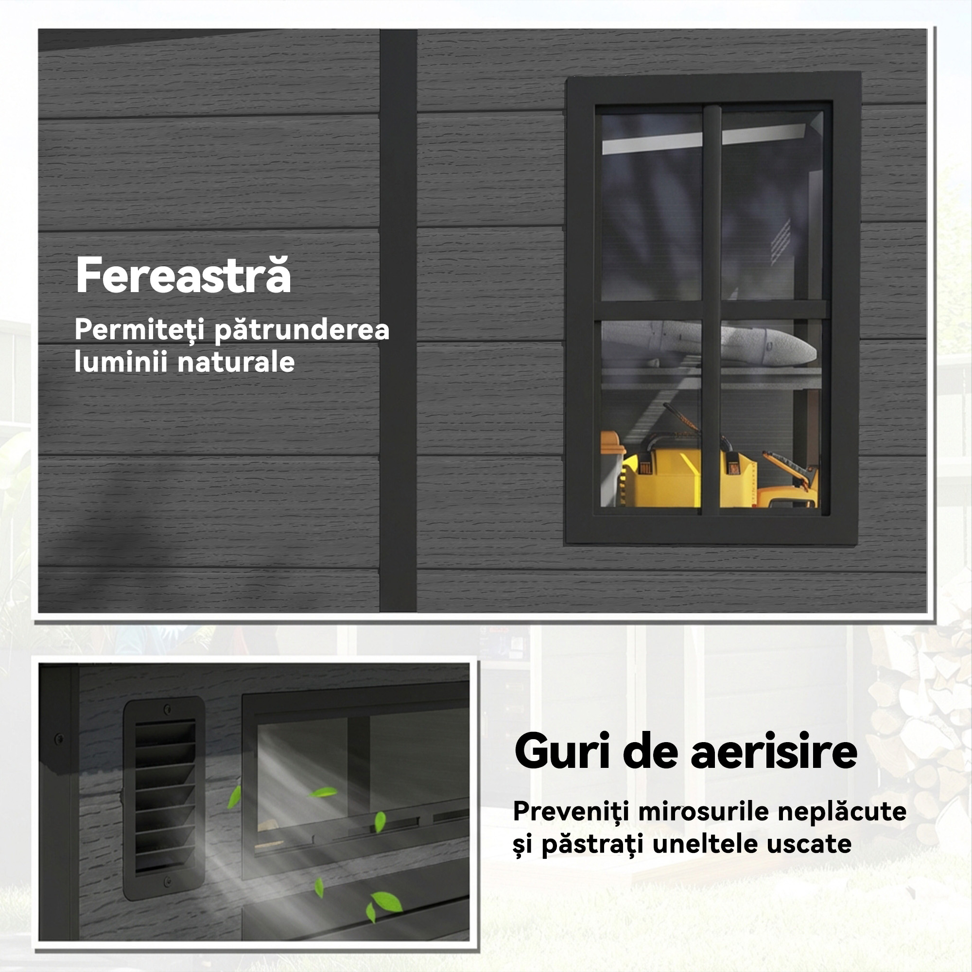  Magazie de Gradina 2.89m² din PP si Aluminiu cu Podea, Depozit Gradina cu Usi Duble cu incuietoare, Aerisiri, 3 Ferestre, Acoperis inclinat, Manusi, Gri inchis [4]