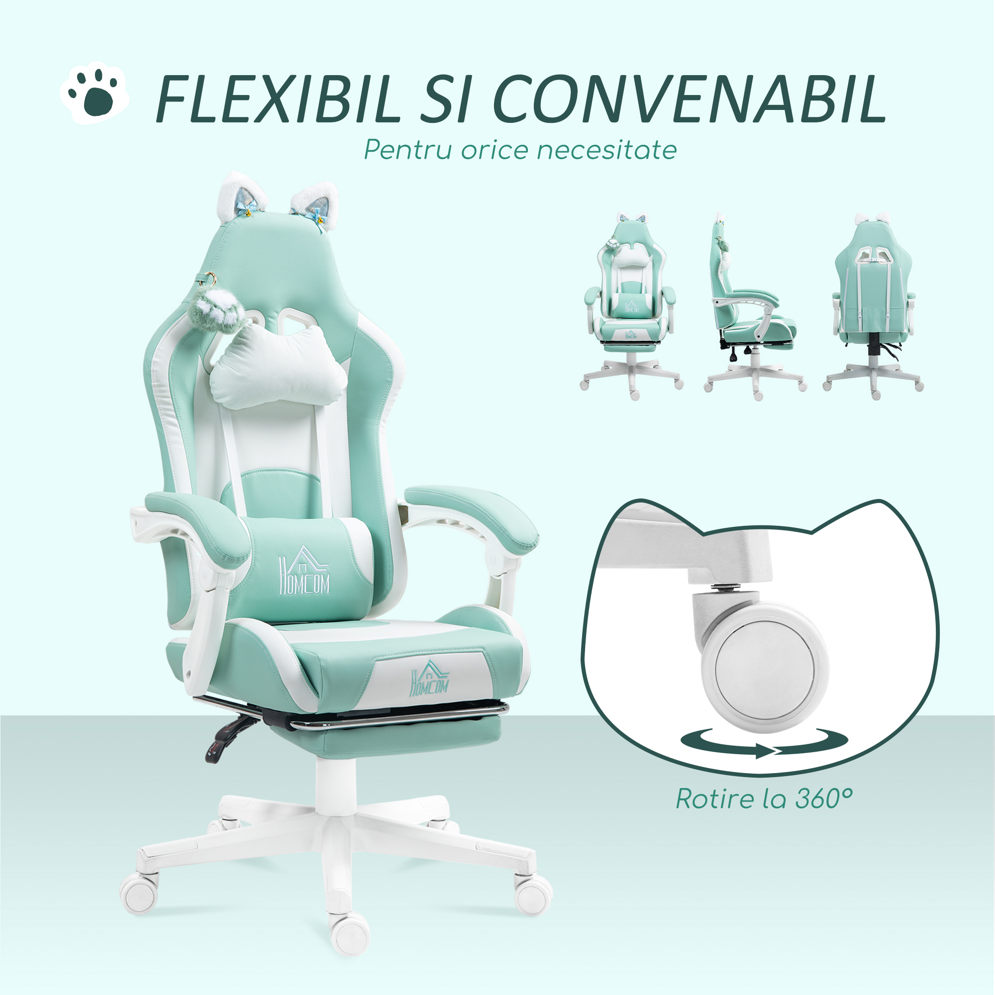 Scaun de Gaming Reclinabil  cu Suport pentru Picioare si Perne, din Piele Artificiala si Spuma, 65x62x116-124 cm, Albastru si Alb [6]