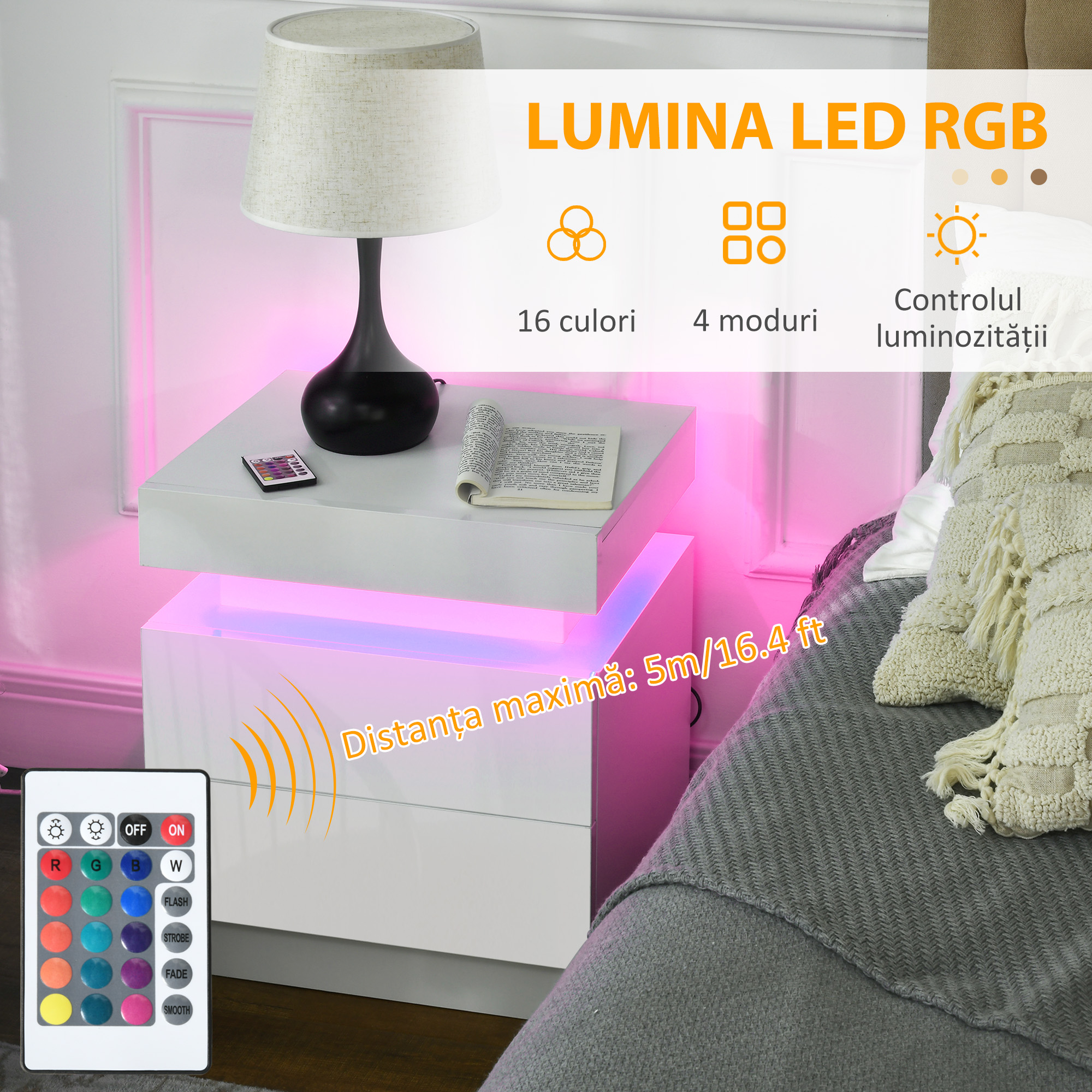 Noptiera alba  cu lumina LED RGB, noptiera frontala lucioasa cu 2 sertare, pentru camera de zi, dormitor [3]