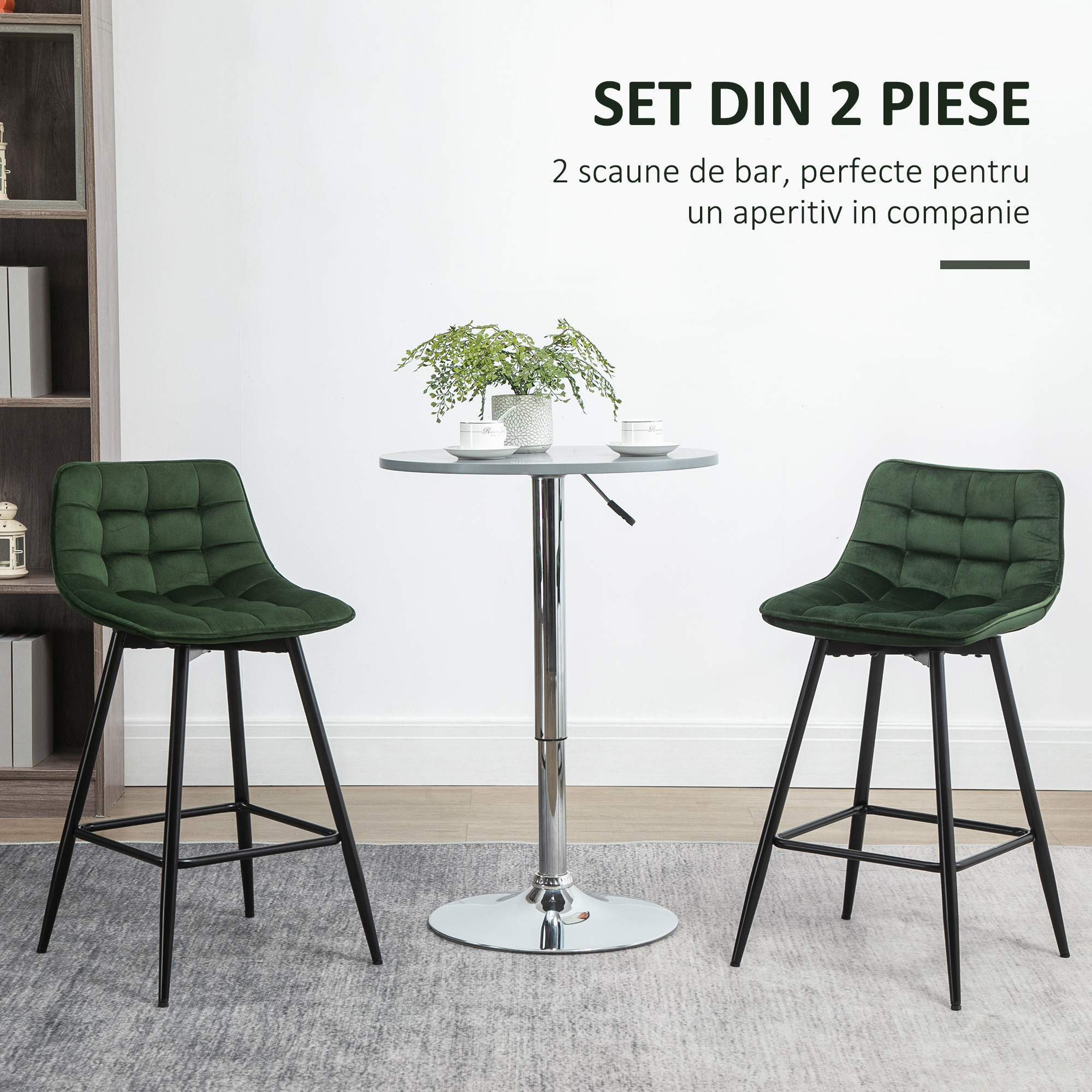  Set de 2 Scaune de Bar cu Spatar si Suport pentru Picioare, Scaune inalte Tapitate in Stil Nordic din Metal [3]