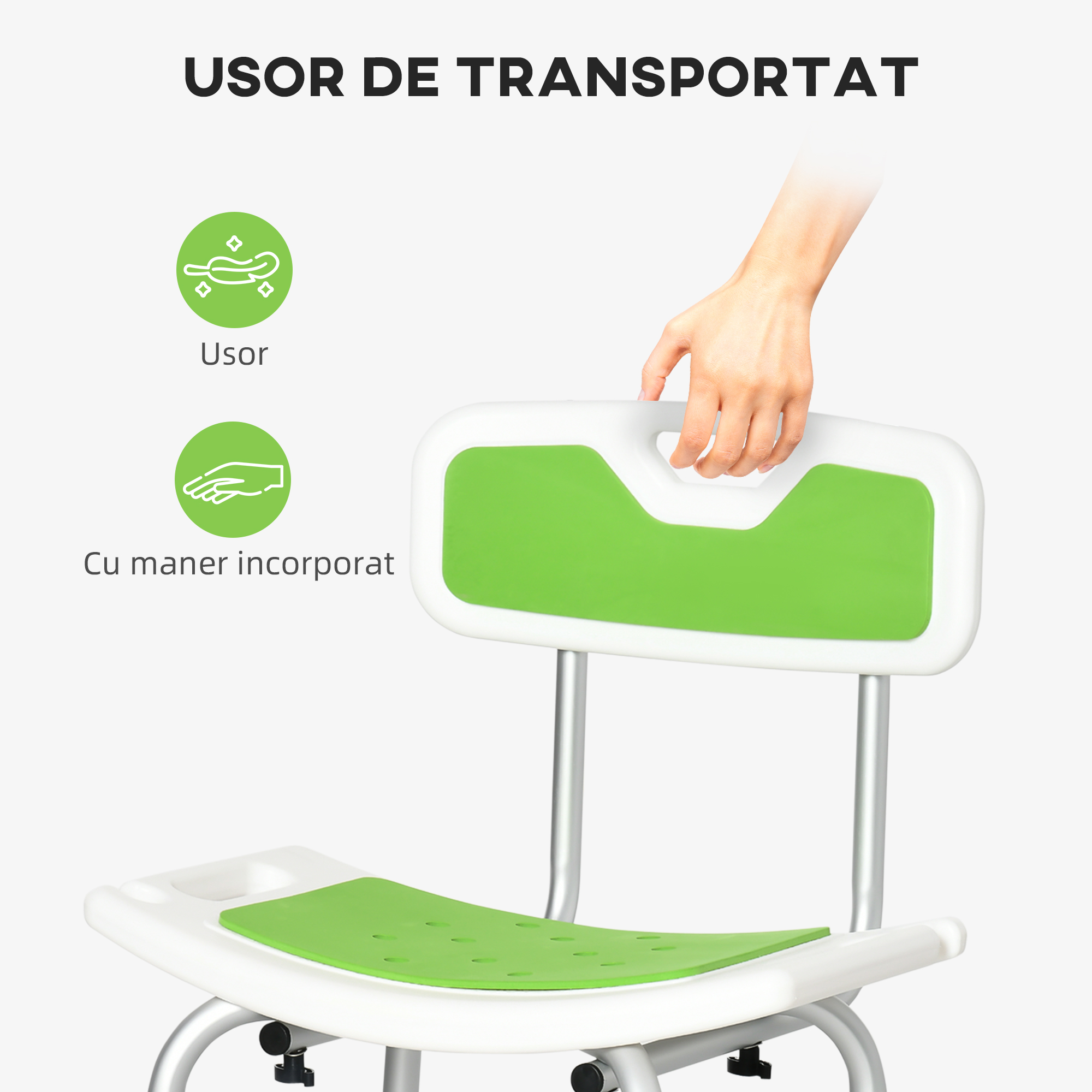  Scaun de dus pentru persoane in varsta, scaun de dus reglabil pe inaltime pe 6 nivele cu spatar, scaun curbat, suport pentru picioare anti-alunecare si suport pentru cap de dus, verde [7]