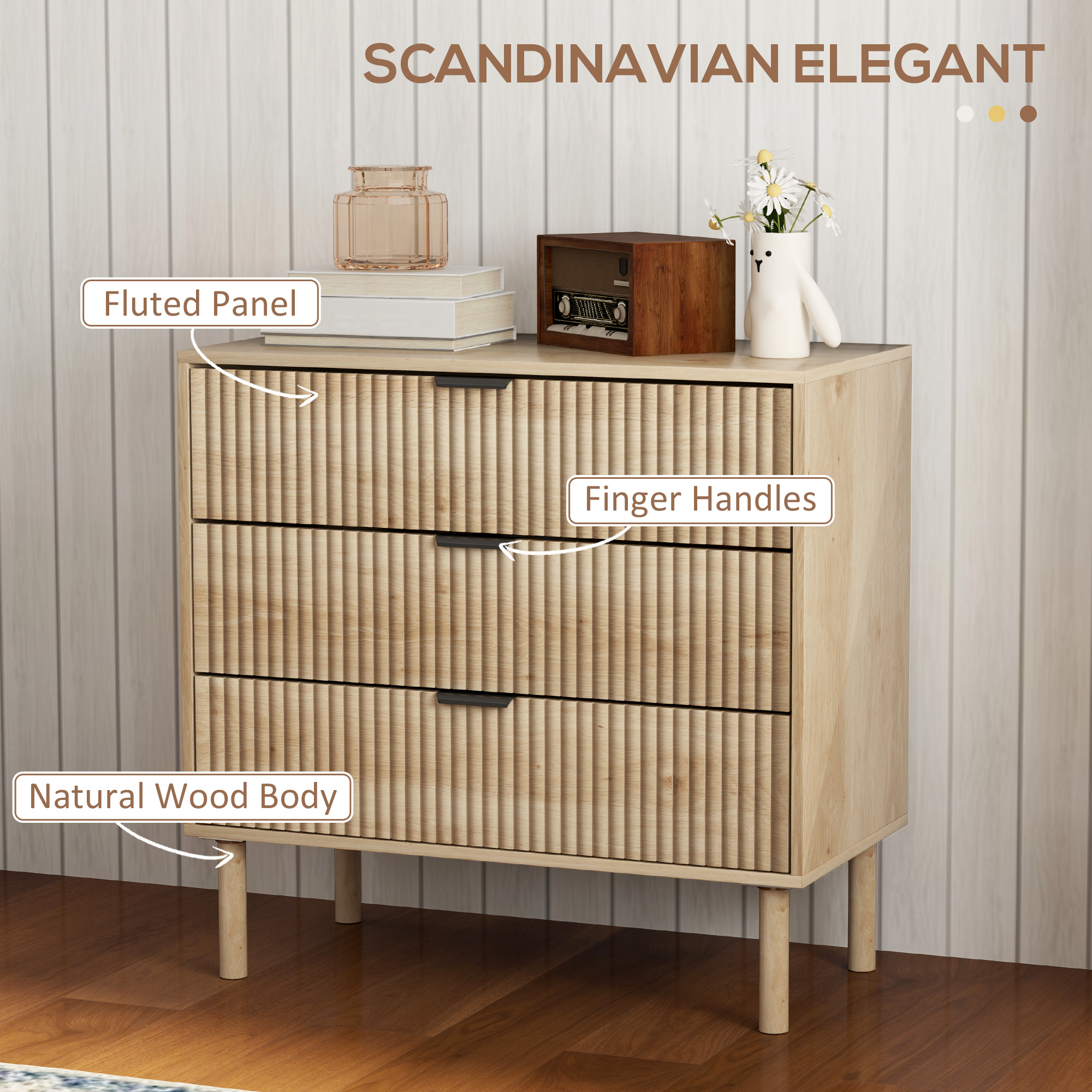  Comoda cu 3 Sertare, Picioare din Lemn Masiv si Design Canelat, 80x40x77,5 cm, Lemn Natural [3]