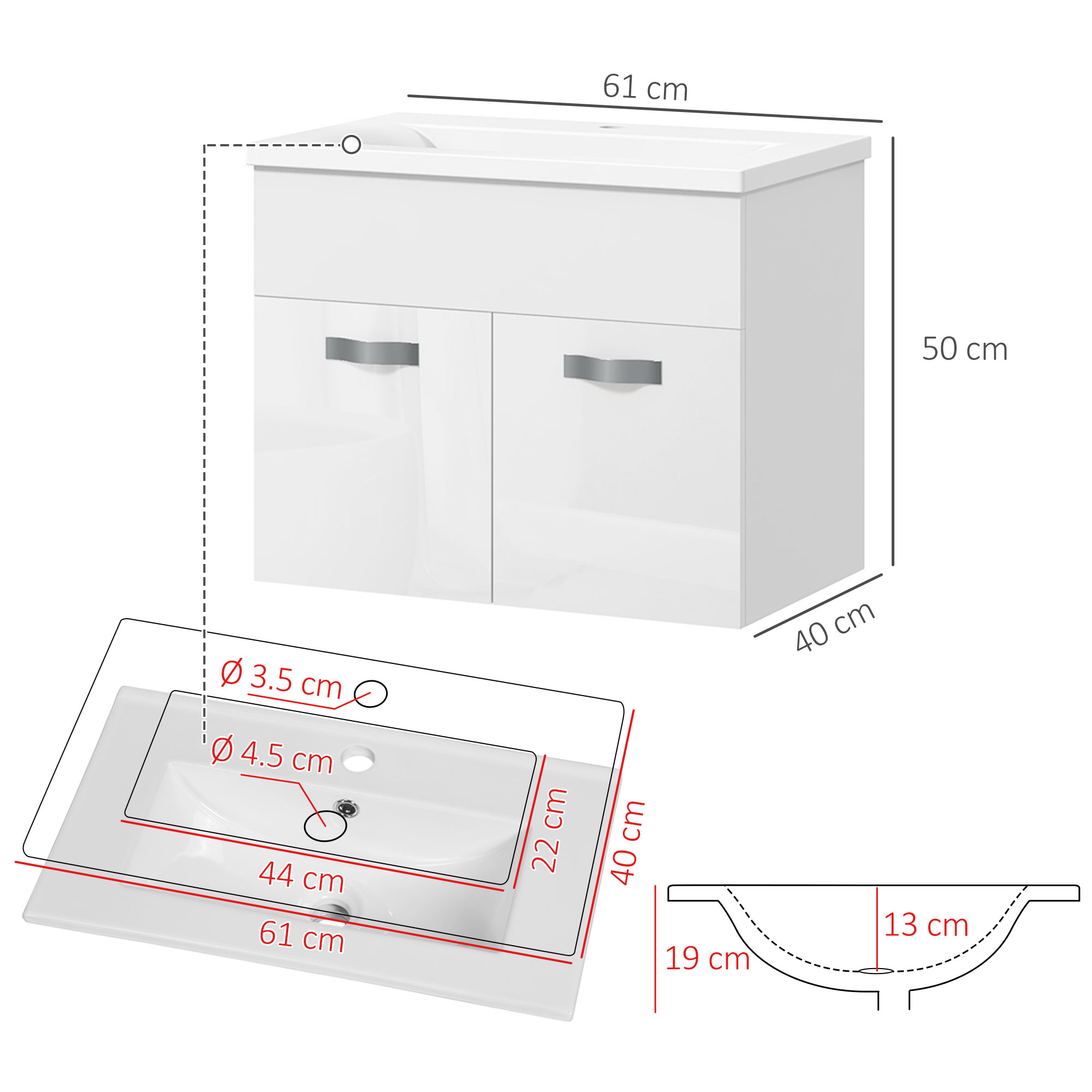  Dulap de Baie Suspendat cu Chiuveta, Dulap cu 2 Usi cu Chiuveta si Balamale Amortizate, 61x40x50 cm, Alb Lucios [2]