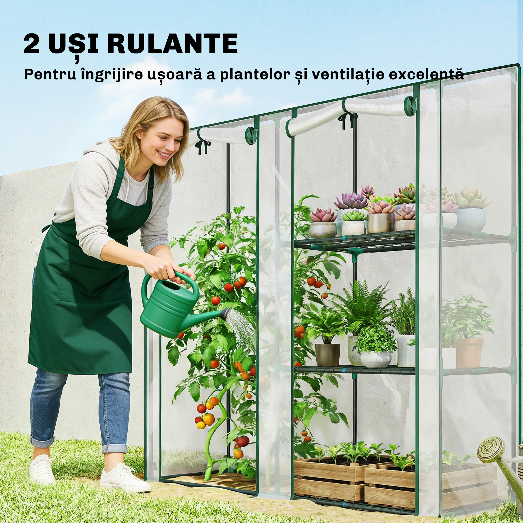  Sera Verticala cu 2 Sectiuni si 3 Rafturi, din Plastic si Otel, 143x45x151 cm, Verde inchis si Transparent [4]
