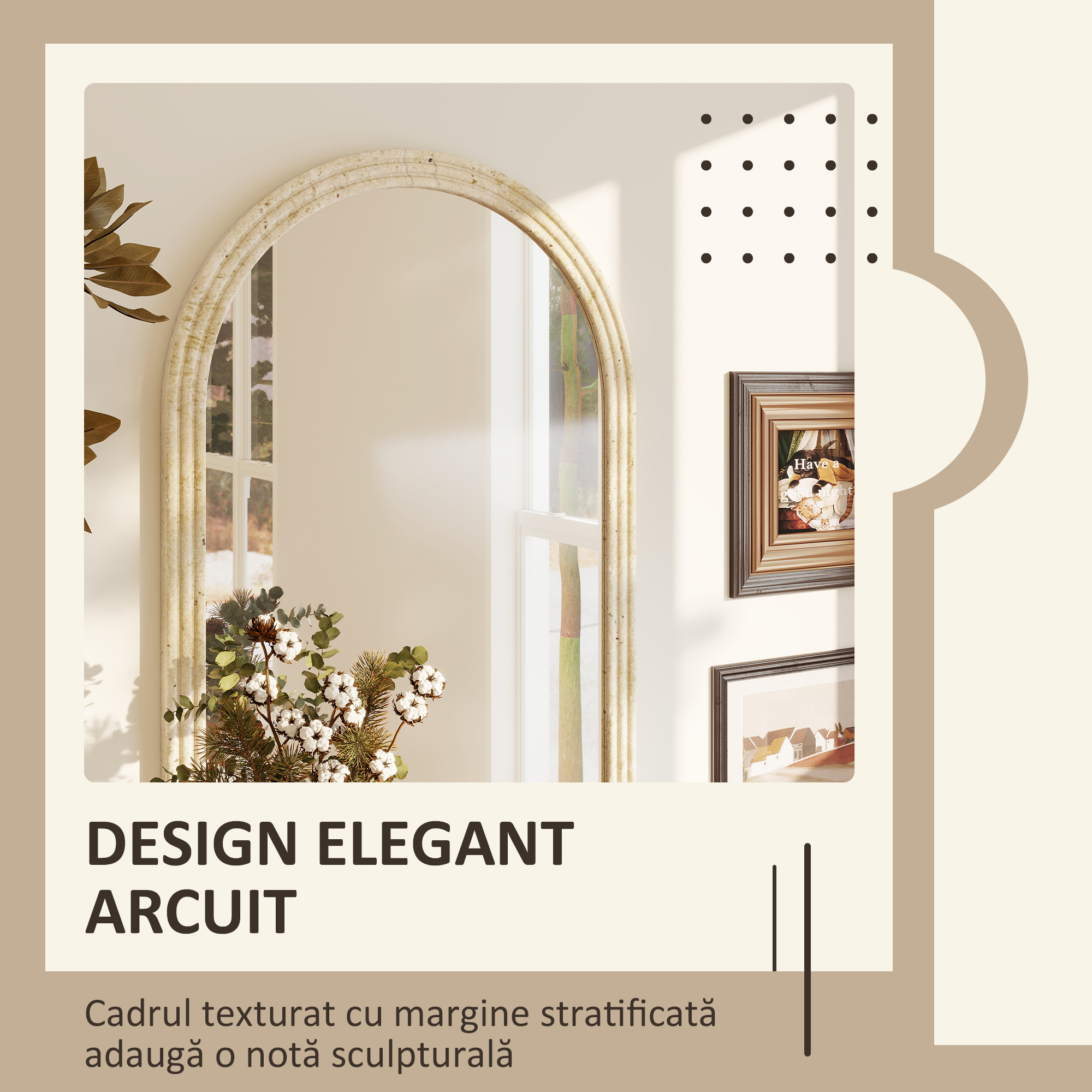  Oglinda de Perete in Forma de Arc cu Margine Canelata 60x2x90 cm Bej [3]