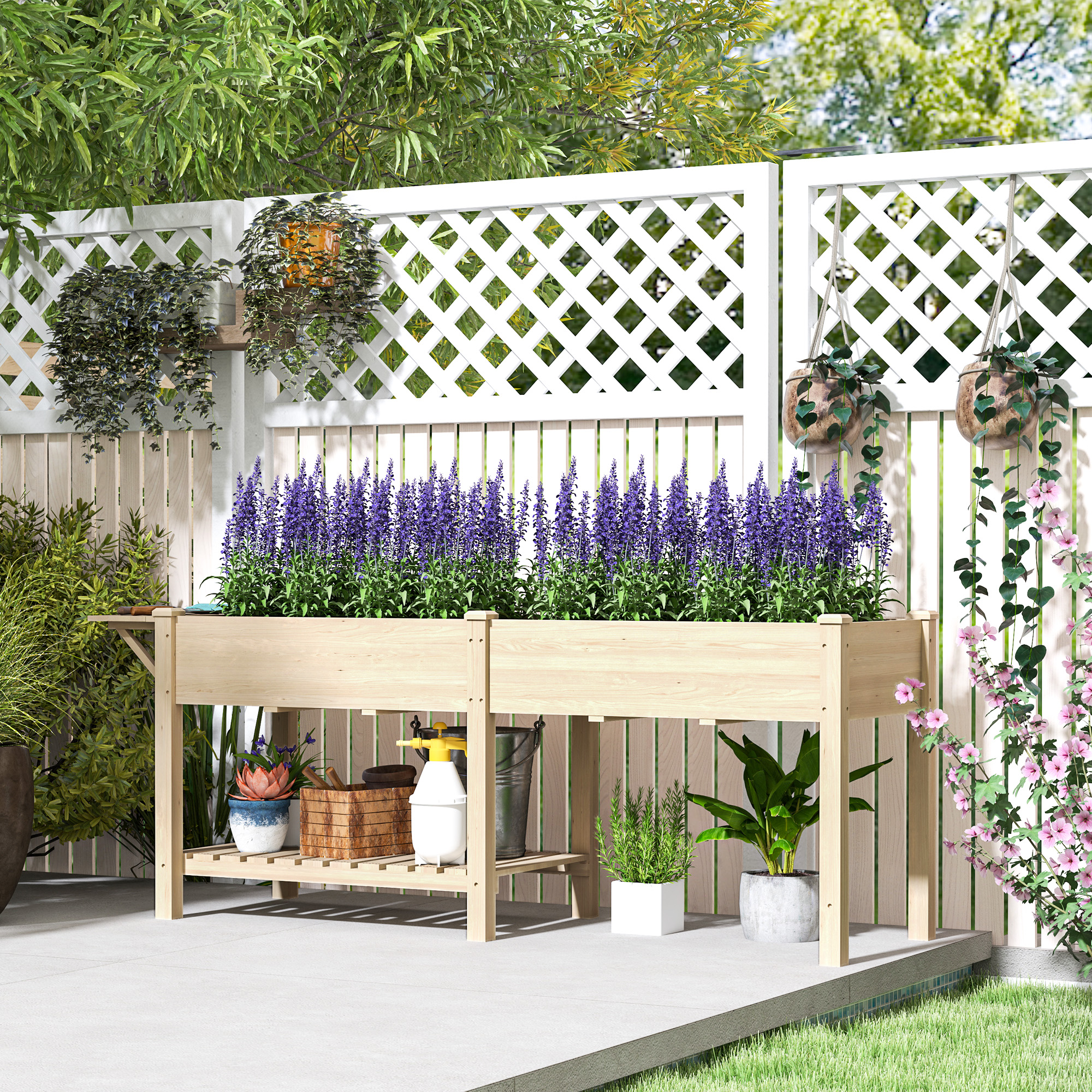  Jardiniera Ridicata cu Masuta Laterala si Raft pentru Unelte Inferior, din Lemn de Molid, 207x59x78 cm [1]