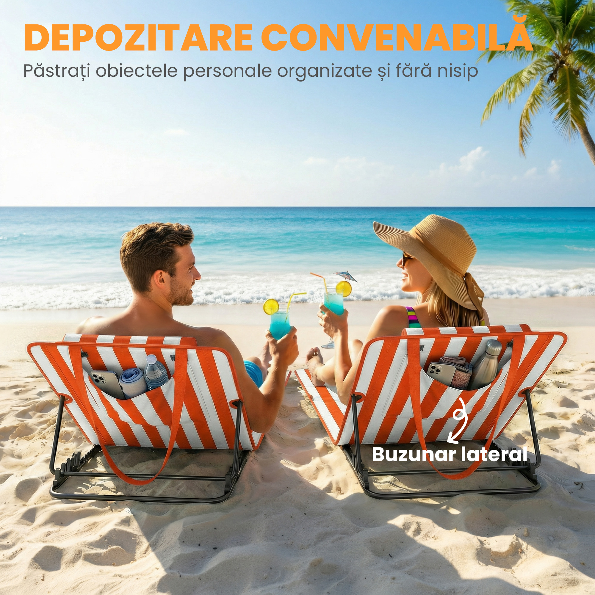  Set 2 sezlonguri Pliabile Portabile pentru Plaja, Spatar Reglabil, Portocaliu. [6]