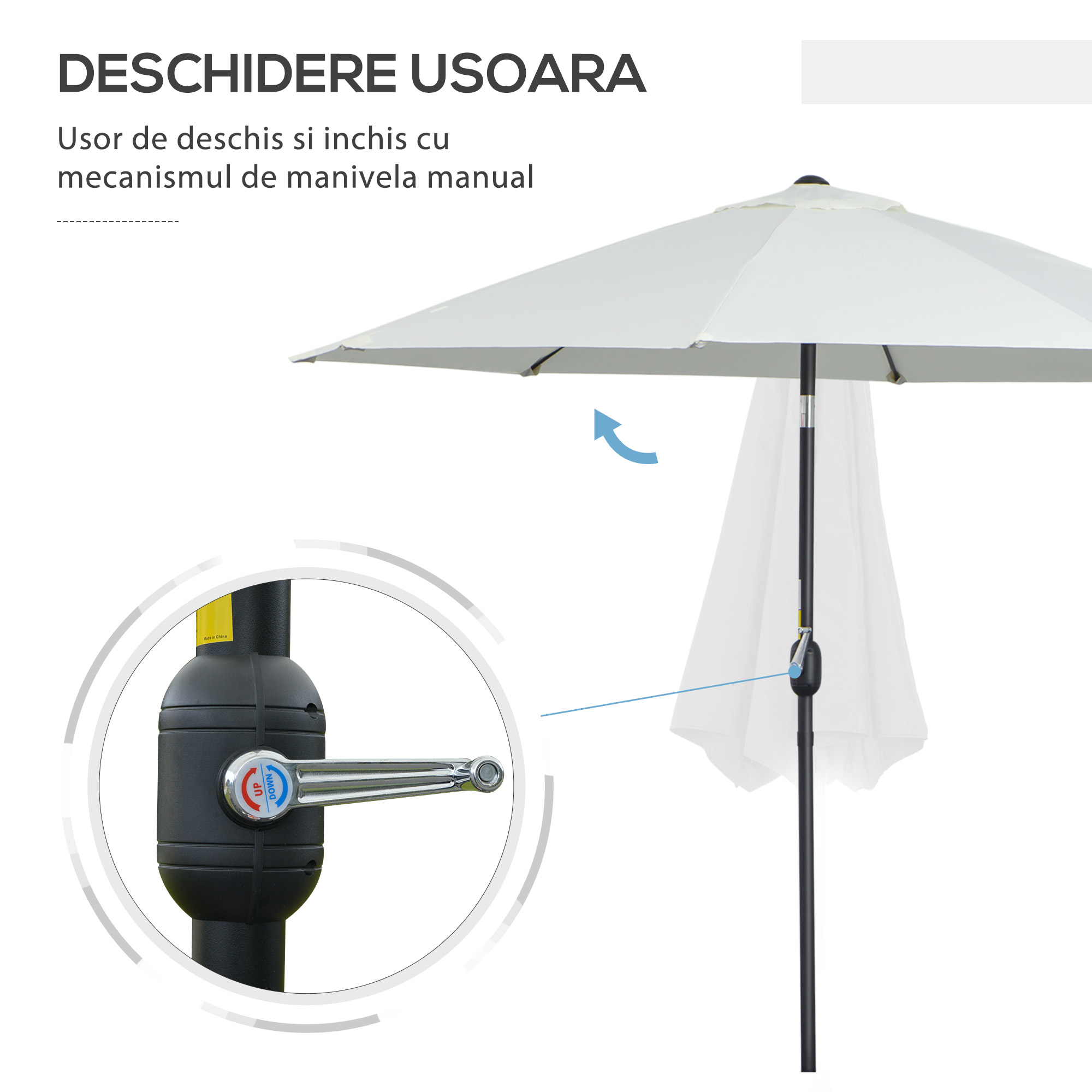  Umbrela de Gradina inclinabila pe 3 Unghiuri, cu Manivela, Ø265x240 cm, Alb Crem [3]