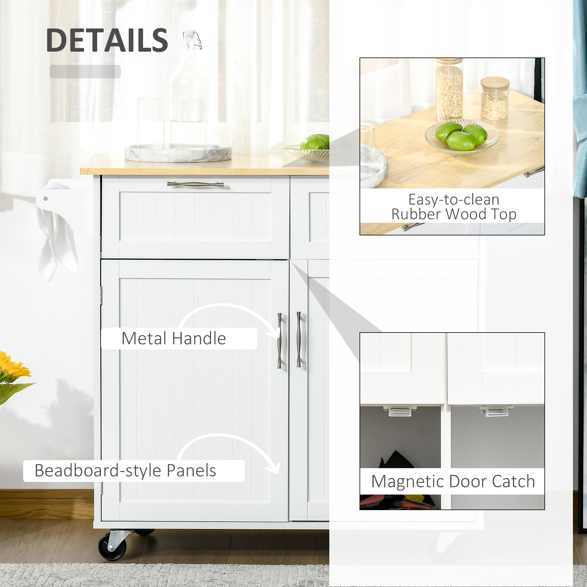  Carucior de Bucatarie Multifunctional cu 2 Sertare, Dulap si 4 Roti, 104x46x91cm - Alb [5]