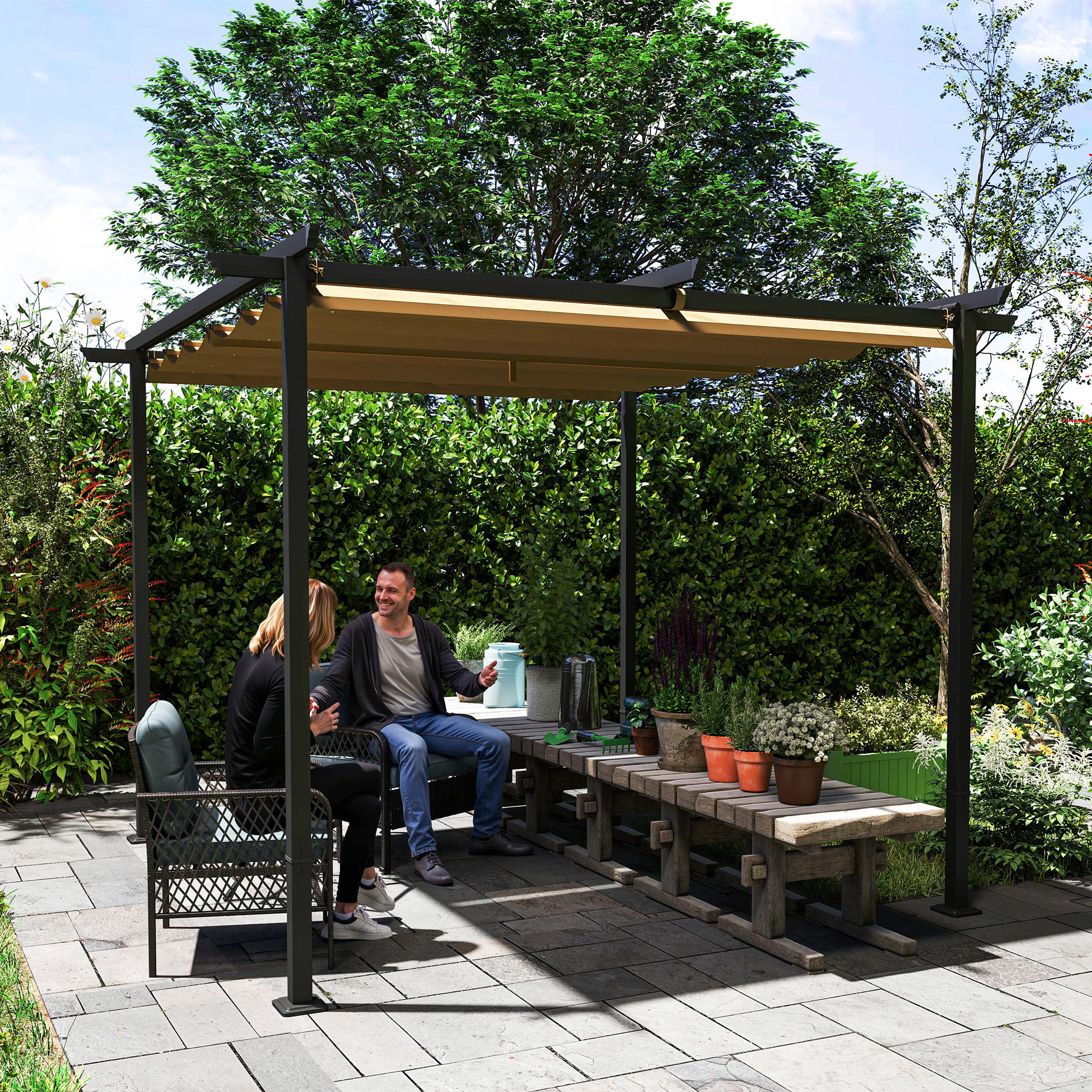  Pergola de Gradina cu Acoperis Retractabil si Cadru Metalic, 300x300x227 cm, Bej [6]