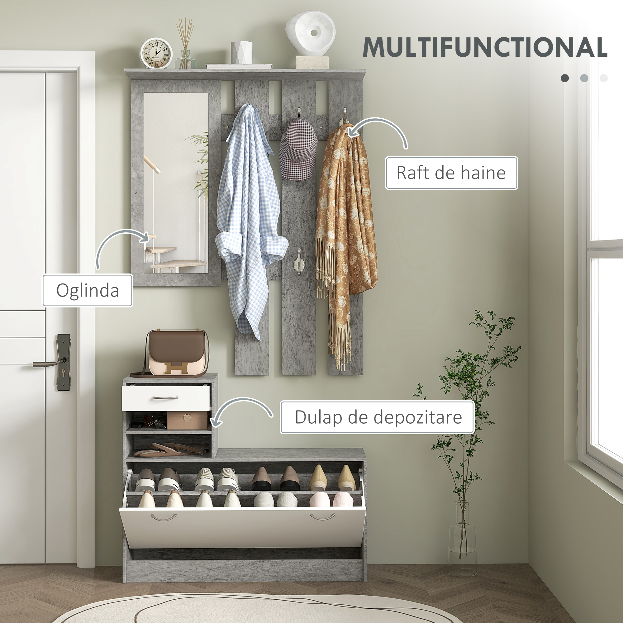  Mobilier pentru Hol cu Raft pentru incaltaminte, Oglinda, 6 Carlige, 2 Rafturi si Sertare, 90x24x177 cm, Gri [3]