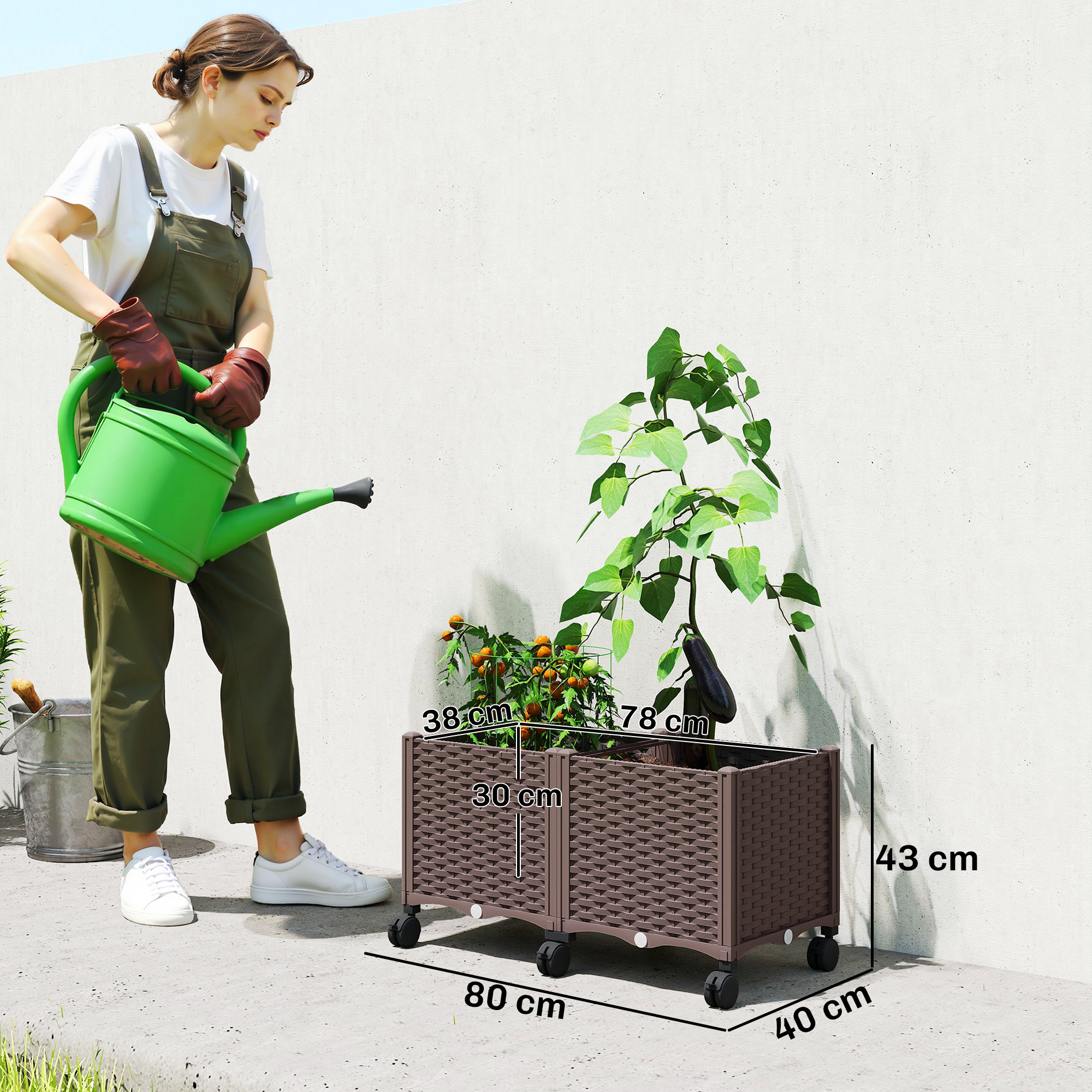  Ghiveci inaltat din Plastic 85L, Ghiveci de Gradina Mobil cu Roti Blocate, Sistem de Autoirigare si Drenaj, Ideal pentru Plante Aromatice, Legume si Flori, Maro [2]