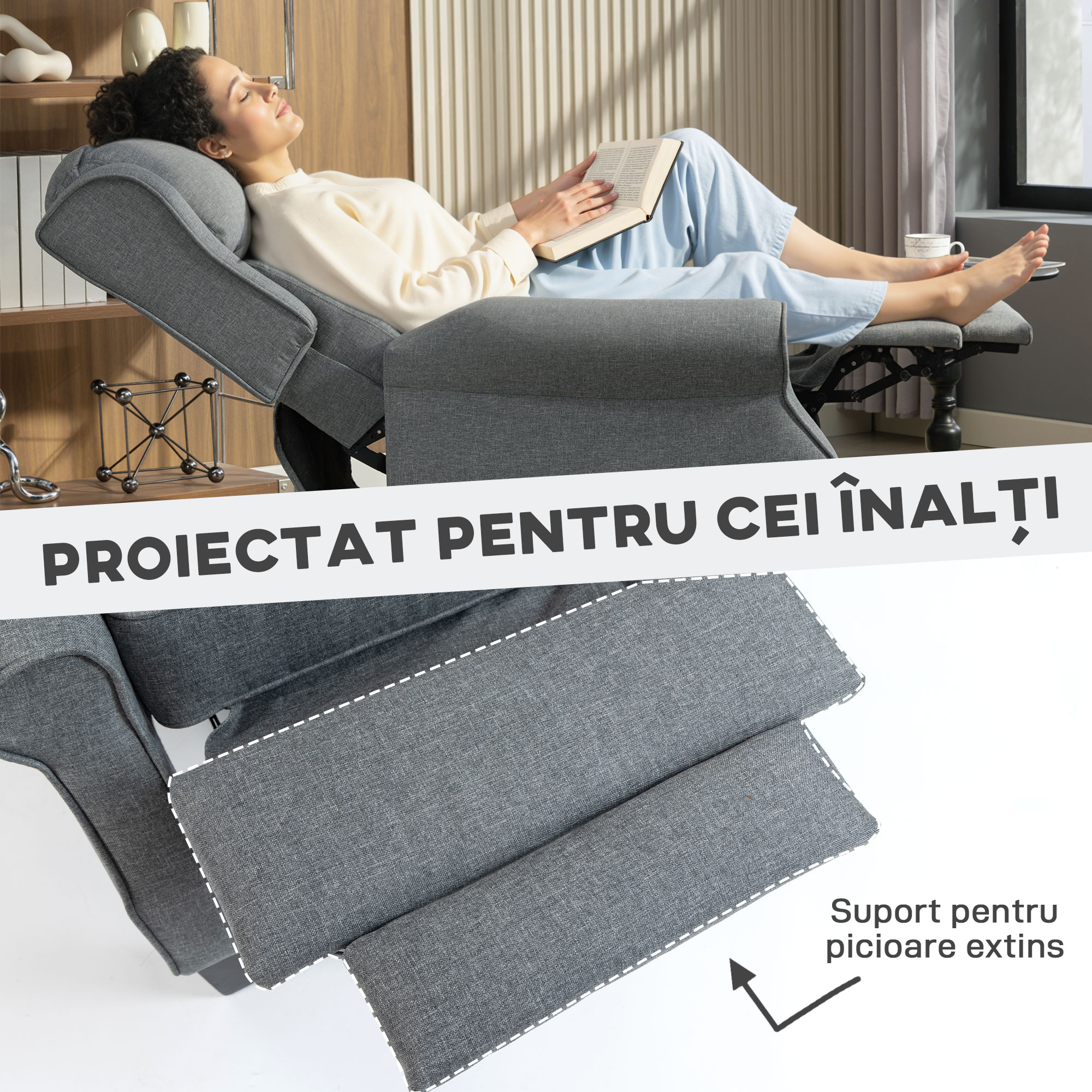  Fotoliu Reclinabil 132° max din Material Tip In cu Suport pentru Picioare, 74x84x102 cm, Gri [6]