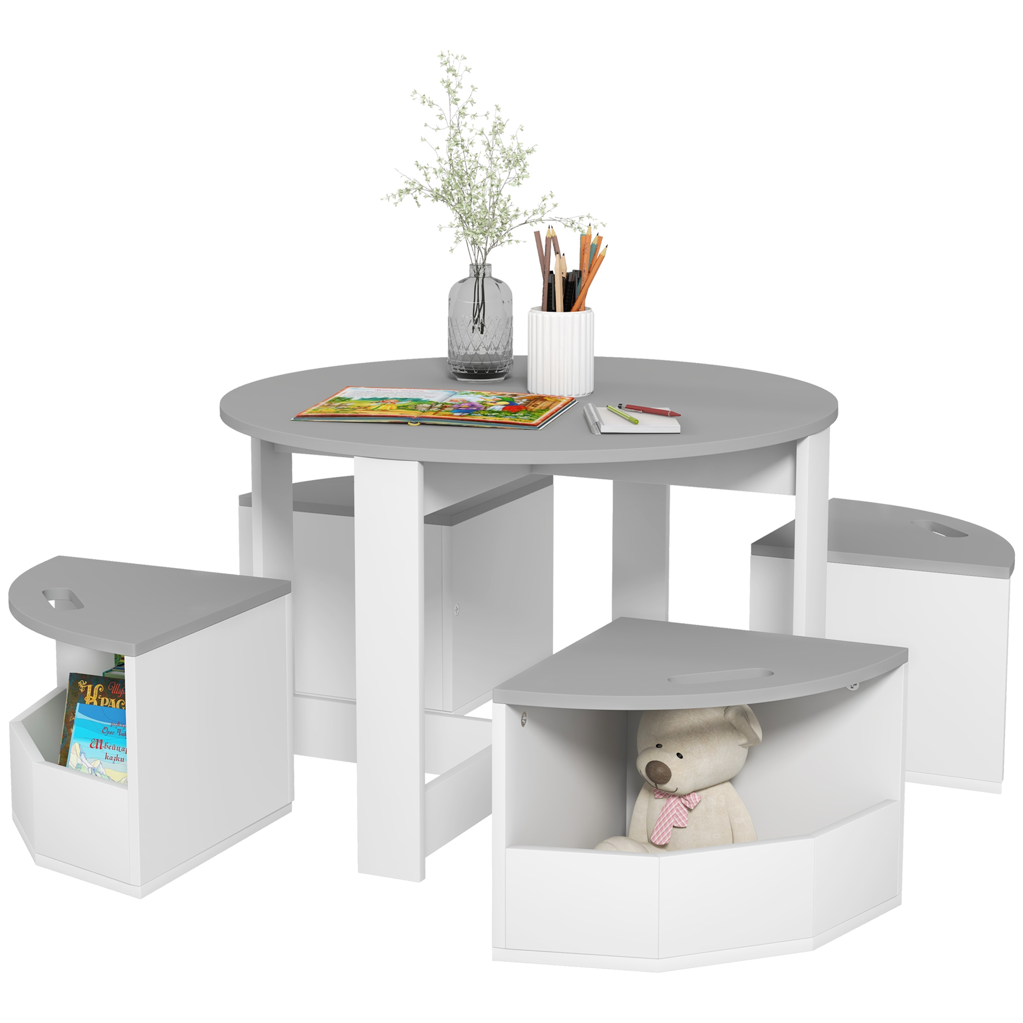 Dormitor & birou -  Set Masa si Scaun pentru Copii, Masa si Scaune pentru Copii din 5 Piese cu Depozitare, pentru Clasa, Cresa, Gradinita, 78x78x49 cm, Gri