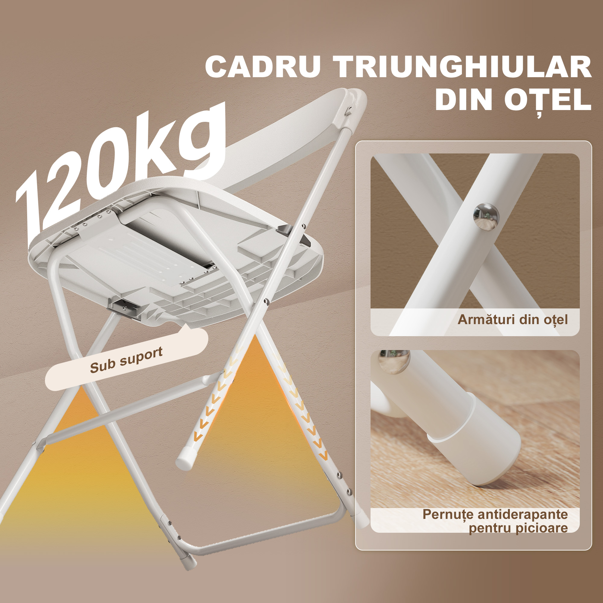  Set 4 Scaune Pliabile cu Orificii de Drenaj din Plastic si Metal, 45x49x79,5 cm, Alb [7]