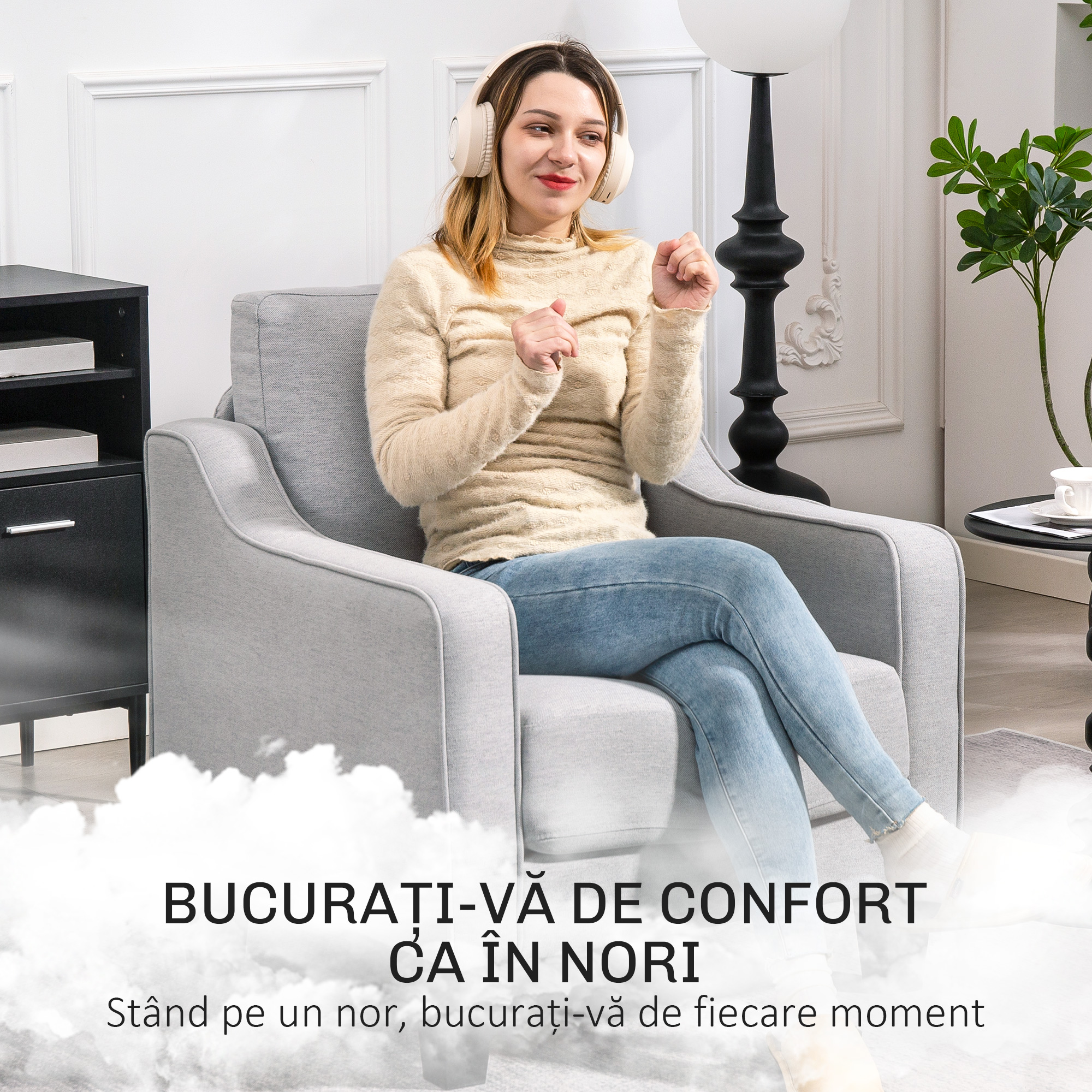  Fotoliu Modern in Material Textil cu Captuseala Groasa si Arcuri impachetate, 77x77x86 cm, Gri [3]