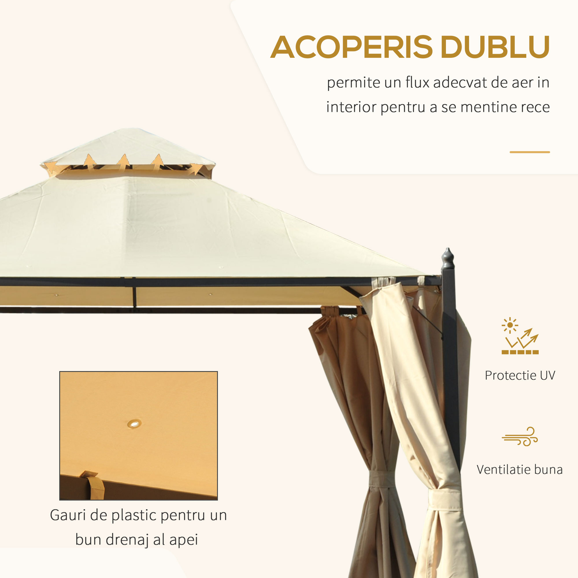  Foisor de Gradina Impermeabil 3 x 3m cu 4 Panouri Laterale Bej [3]