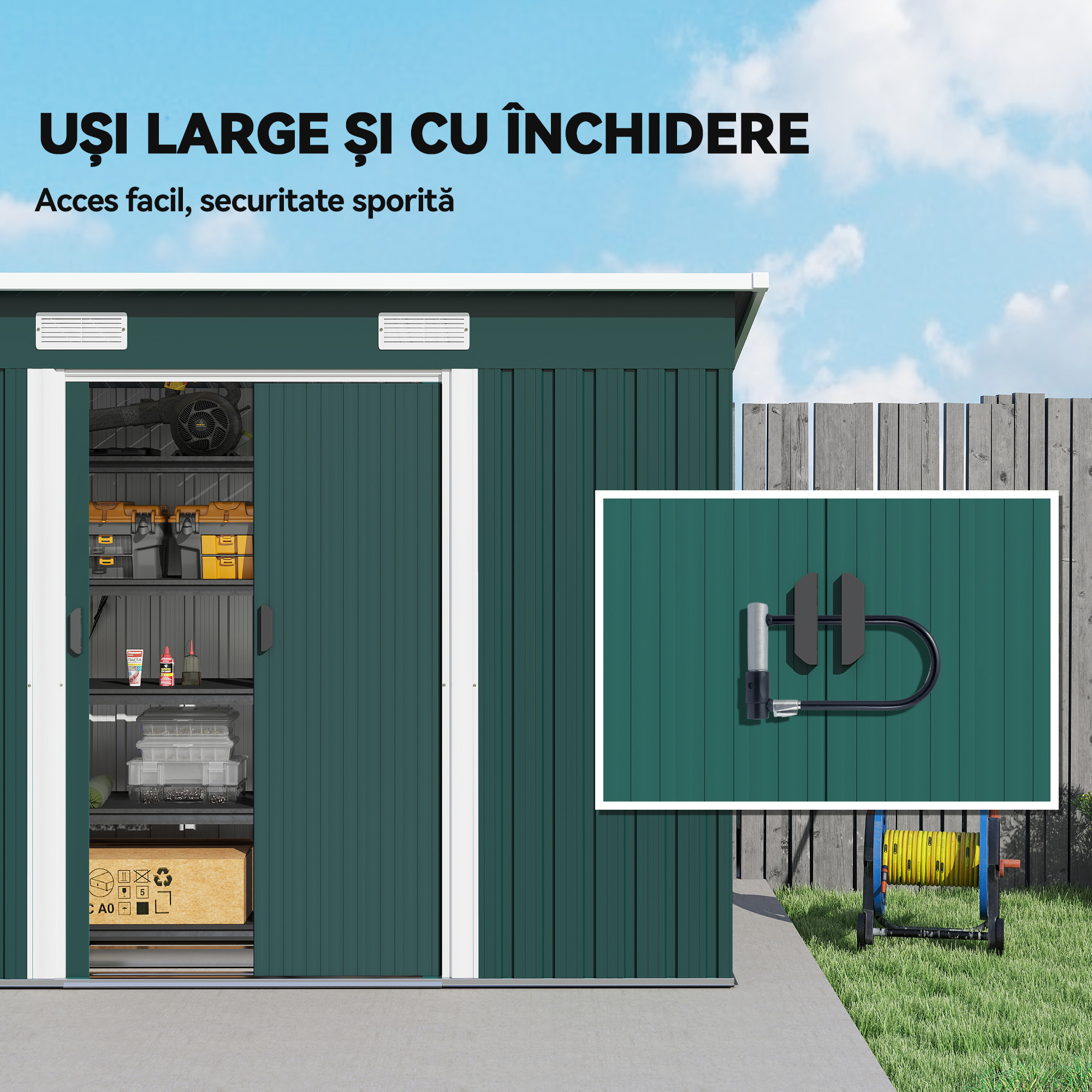  Depozit de Gradina 3.18m² din Otel Galvanizat cu Fante de Aerisire, Spatiu de Depozitare cu Usi Glisante Blocabile, Acoperis inclinat, Manusi, 272x134x182 cm, Verde inchis [4]