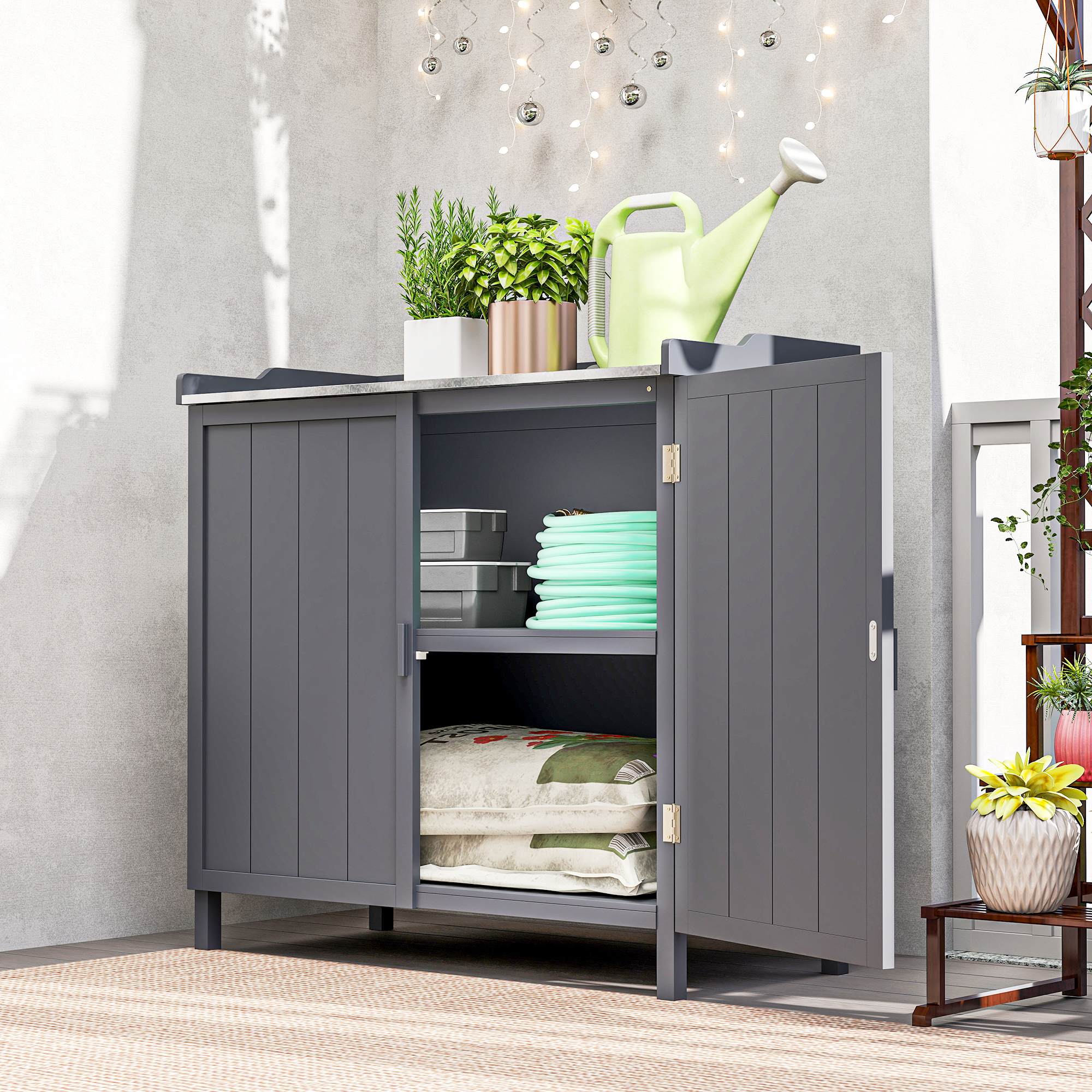  Dulap de Exterior din Lemn cu Suprafata din Metal si 2 Rafturi pentru Unelte, 98x48x95,5 cm, Gri [1]