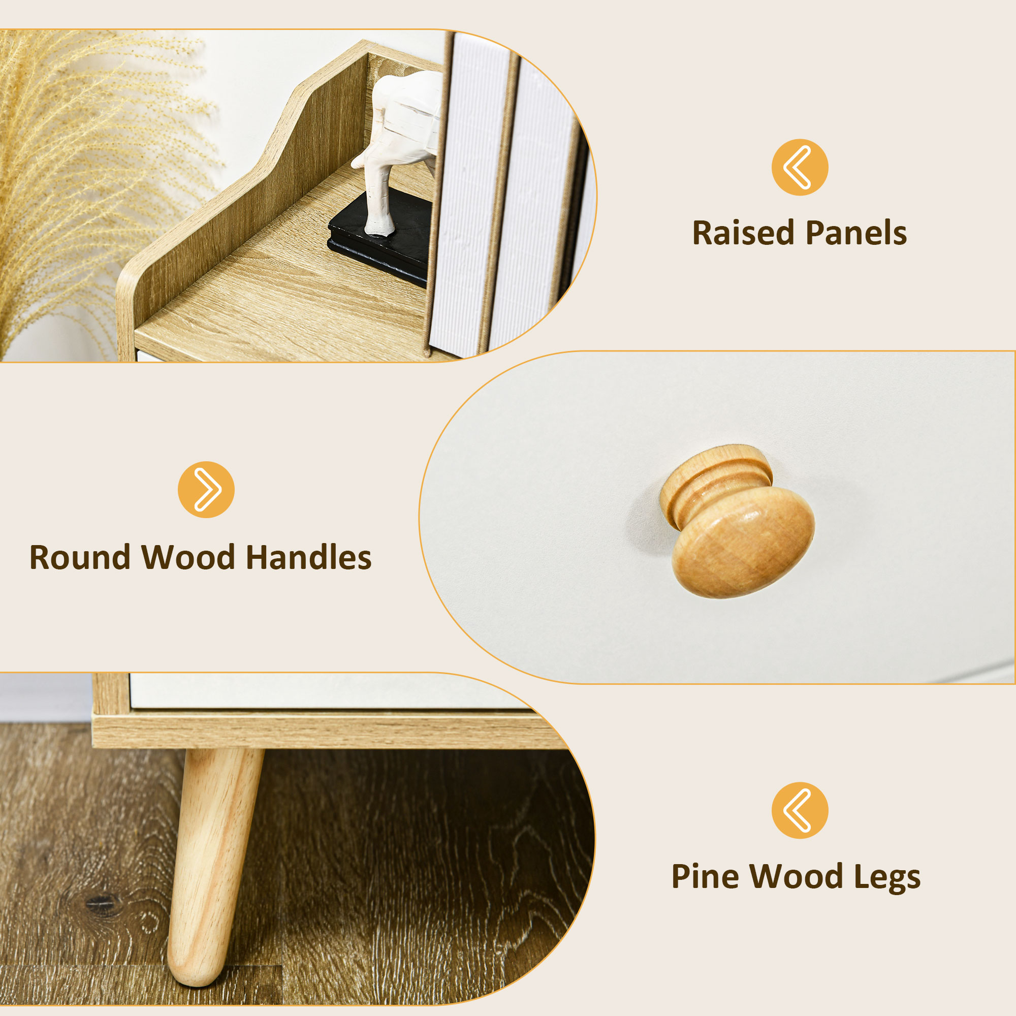  Bufet Modern din PAL si Lemn de di Pin cu 3 Sertare si 2 Dulapioare cu 2 Niveluri, 90x32x80 cm, Alb si Lemn Natur [5]