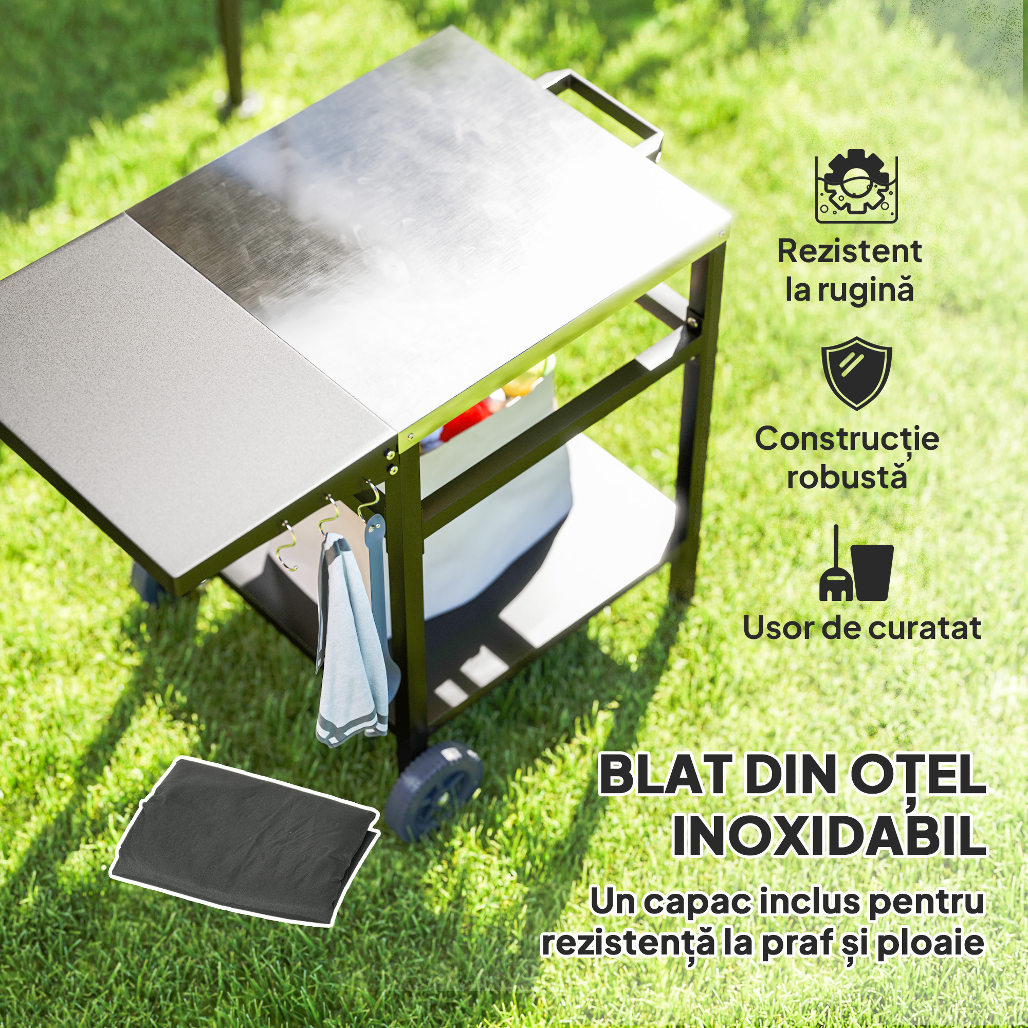  Carucior pentru Gratar cu Blat din Otel Inoxidabil, Raft Pliabil si Husa de Protectie, 91x58x76 cm, Negru [3]