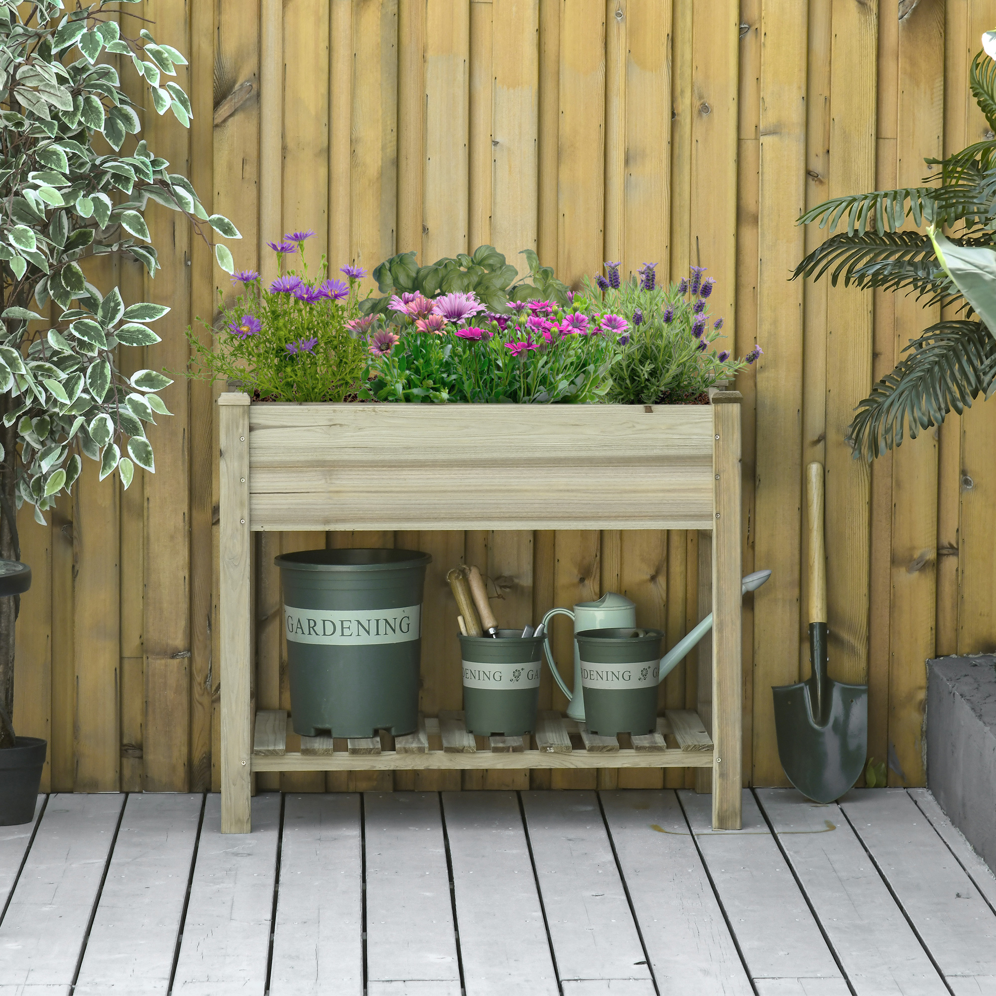  Jardiniera Inaltata din Lemn cu Picioare si Polita Inferioara pentru Gradina si Balcon 91x51x76cm [1]
