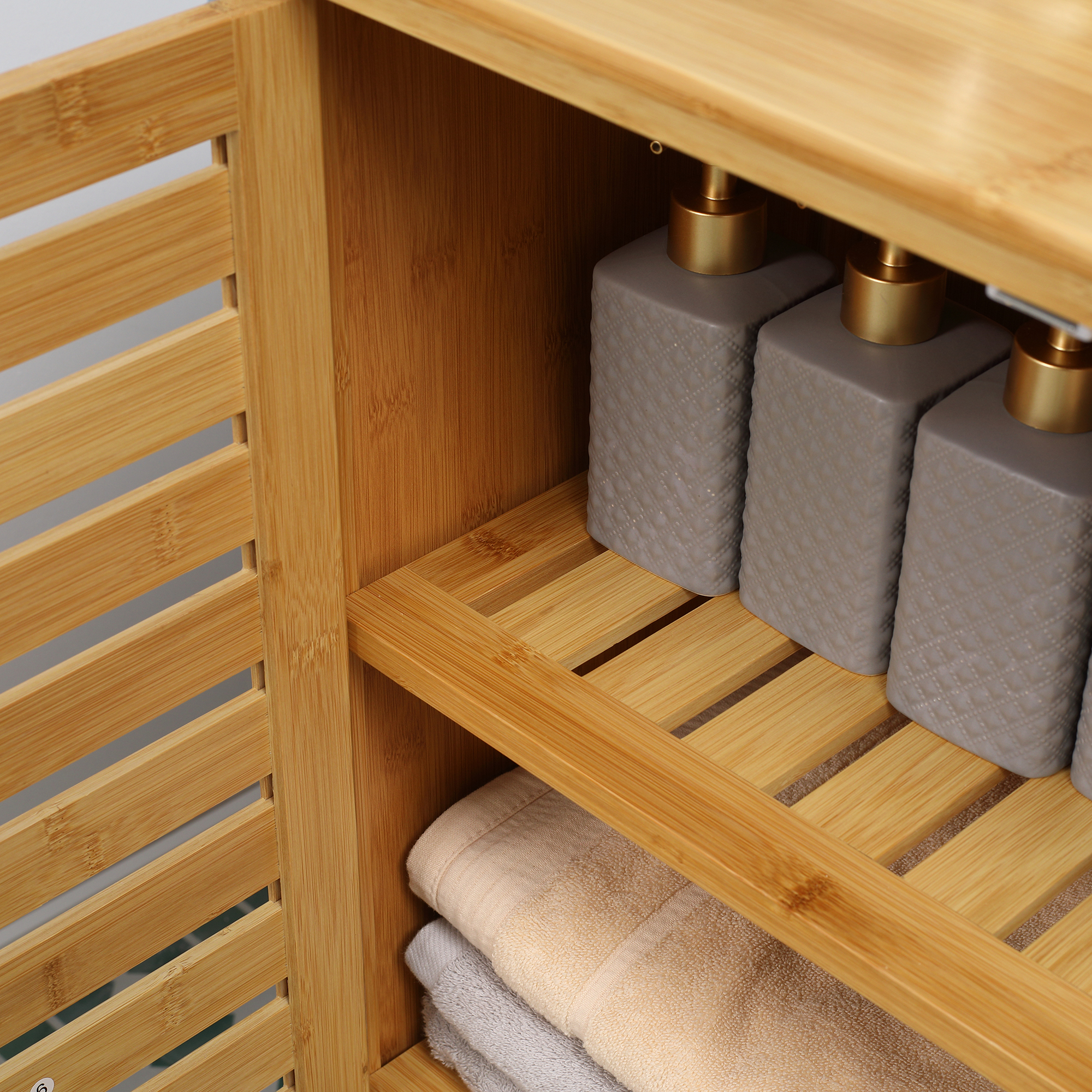  Dulap de baie cu doua usi si 2 rafturi de depozitare, din bambus, natural [8]