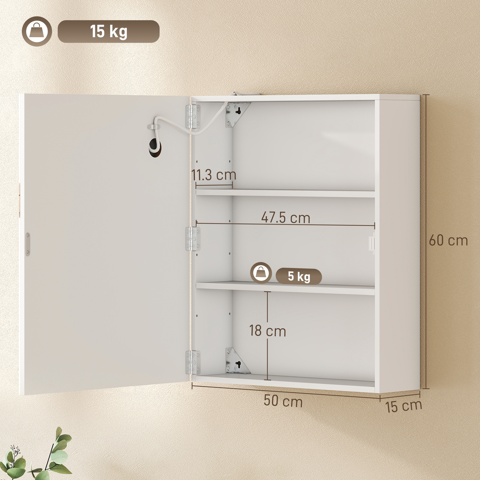  Dulap Baie cu Oglinda LED, 50x15x60 cm Mobila Baie cu Functie Anti-Aburire, Rafturi Reglabile, 3 Temperaturi de Lumina Dimmabile, Dulap Montat pe Perete din Sticla, Alb [2]