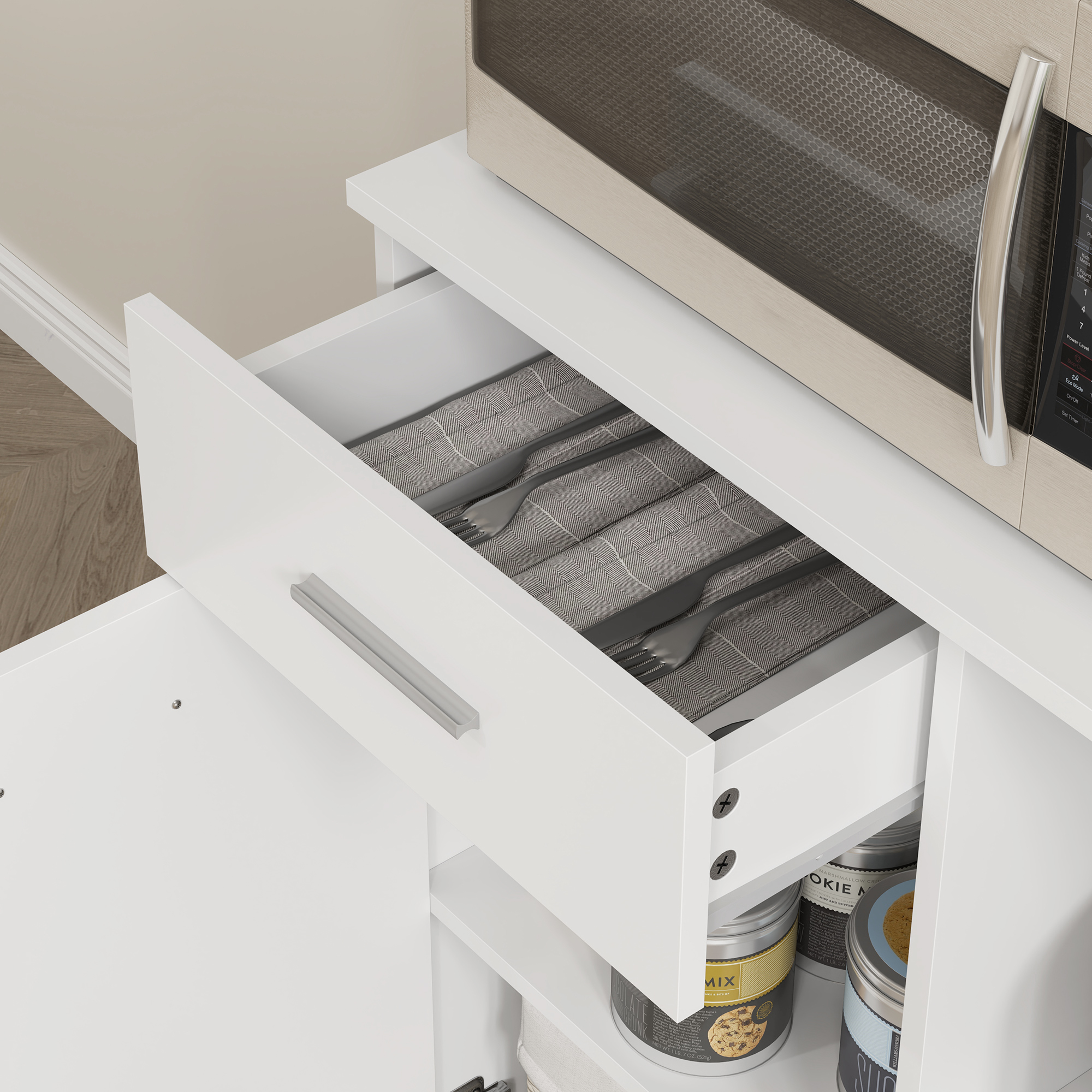  Dulap inalt pentru Bucatarie cu Sertar, 4 Dulapuri si 3 Spatii Deschise, 80x35x180 cm, Alb [8]