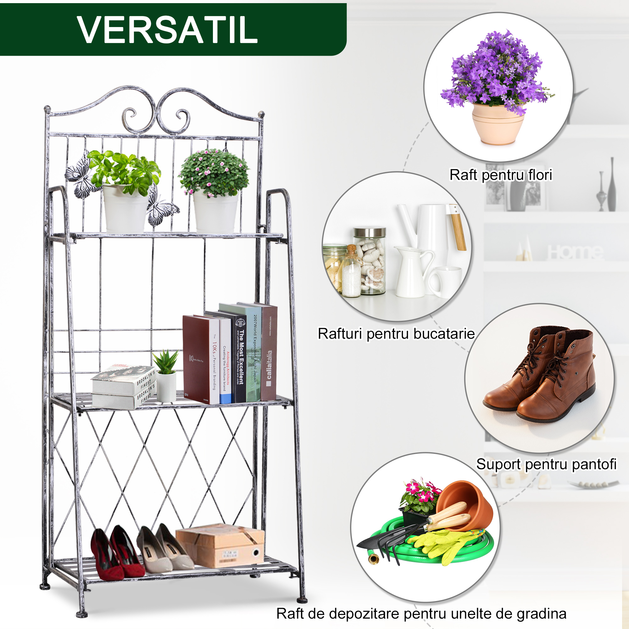  Rafturi pentru ghiveci cu 3 nivele pentru Gradina Balcon Intern, Gri Argintiu, 44 x 25 x96cm [3]