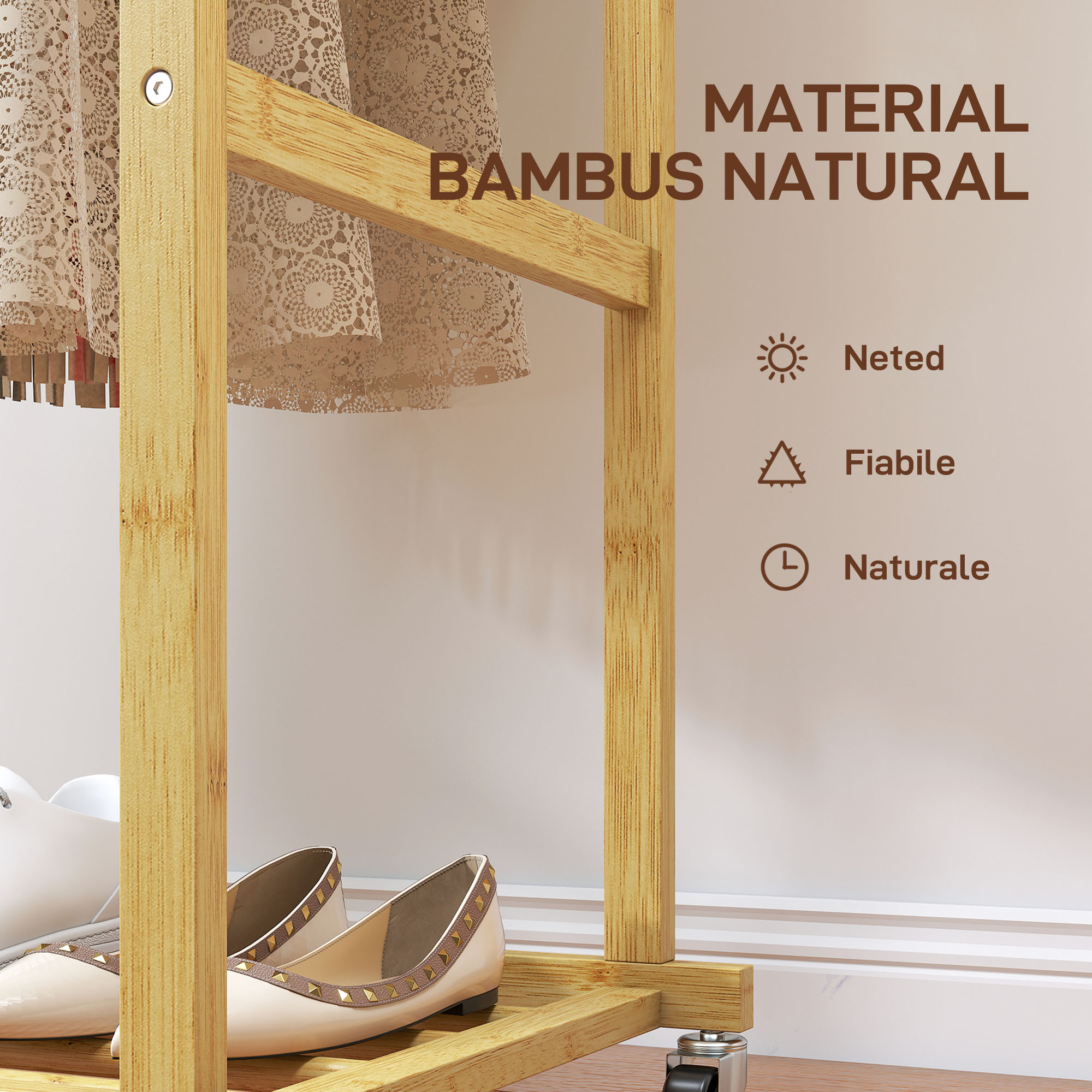  Suport pentru haine cu 2 bare, raft inferior si 4 roti din bambus, 80x40x160 cm, lemn natural [5]