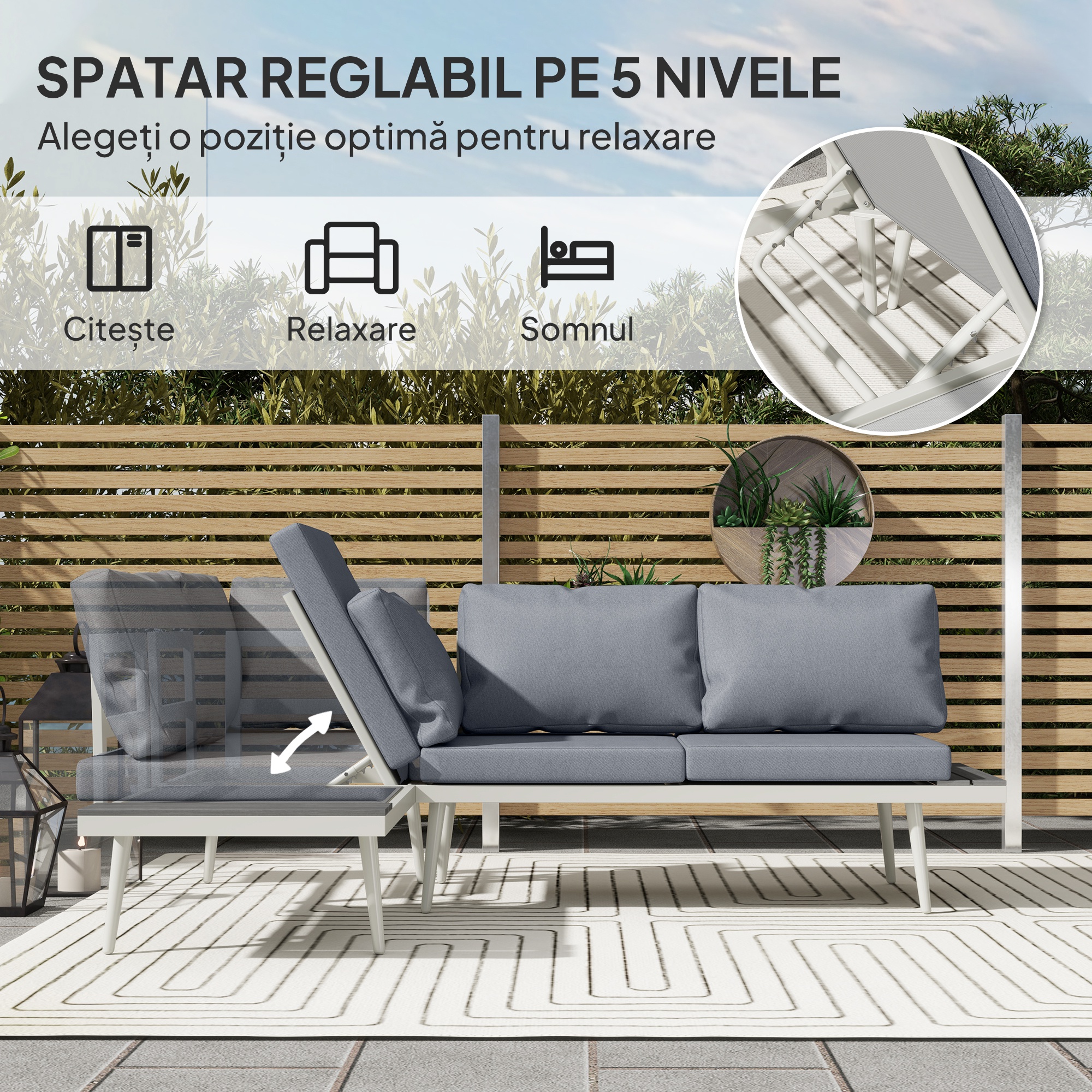  Set Mobilier de Gradina din 3 Piese cu 2 Canapele cu Spatar Reglabil in 5 Pozitii si Masuta, 139x63x65 cm, Gri [4]