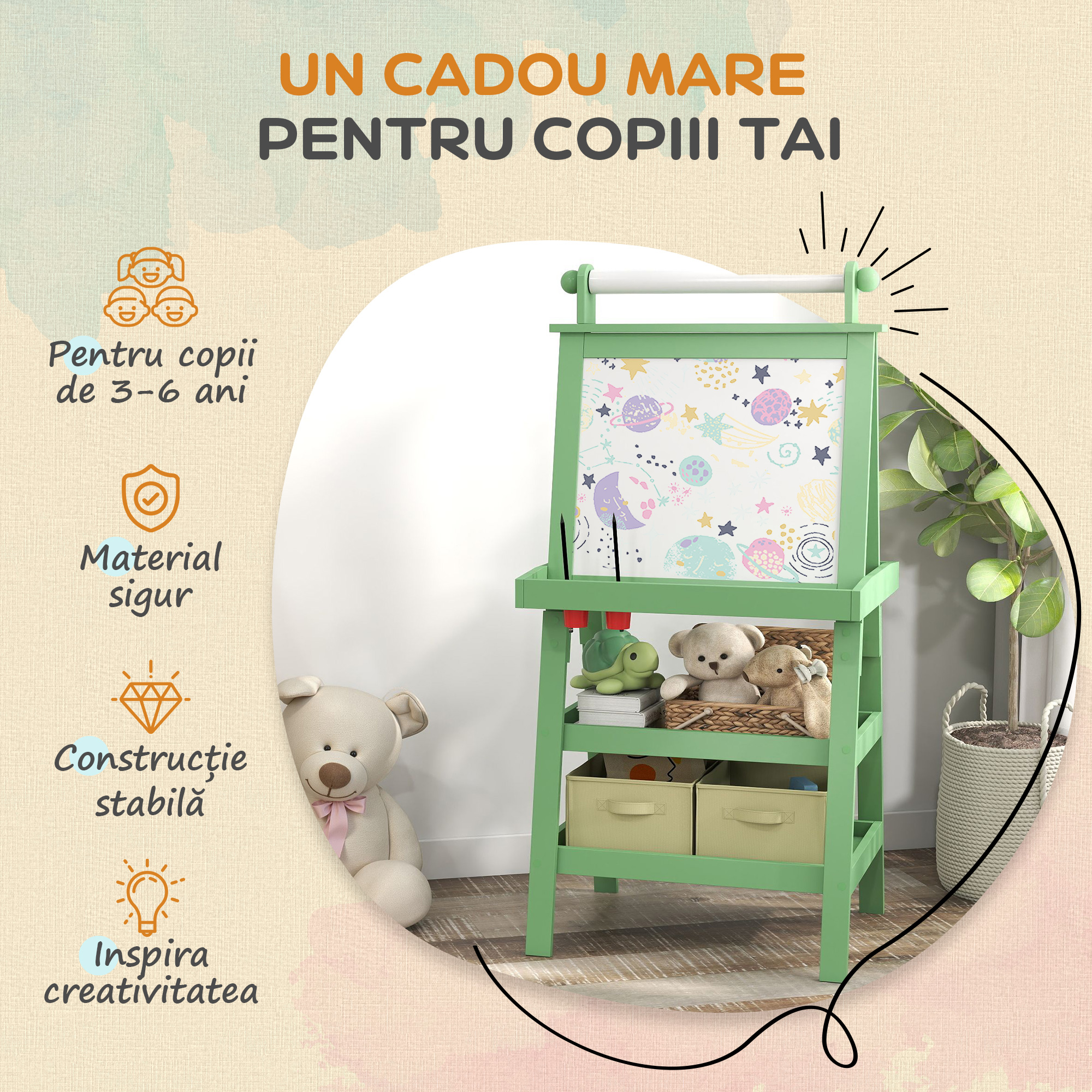  Tabla pentru Copii cu sevalet 3 in 1, Sul de Hartie si 2 Recipiente, din Lemn, 59x48x118 cm, Verde [5]