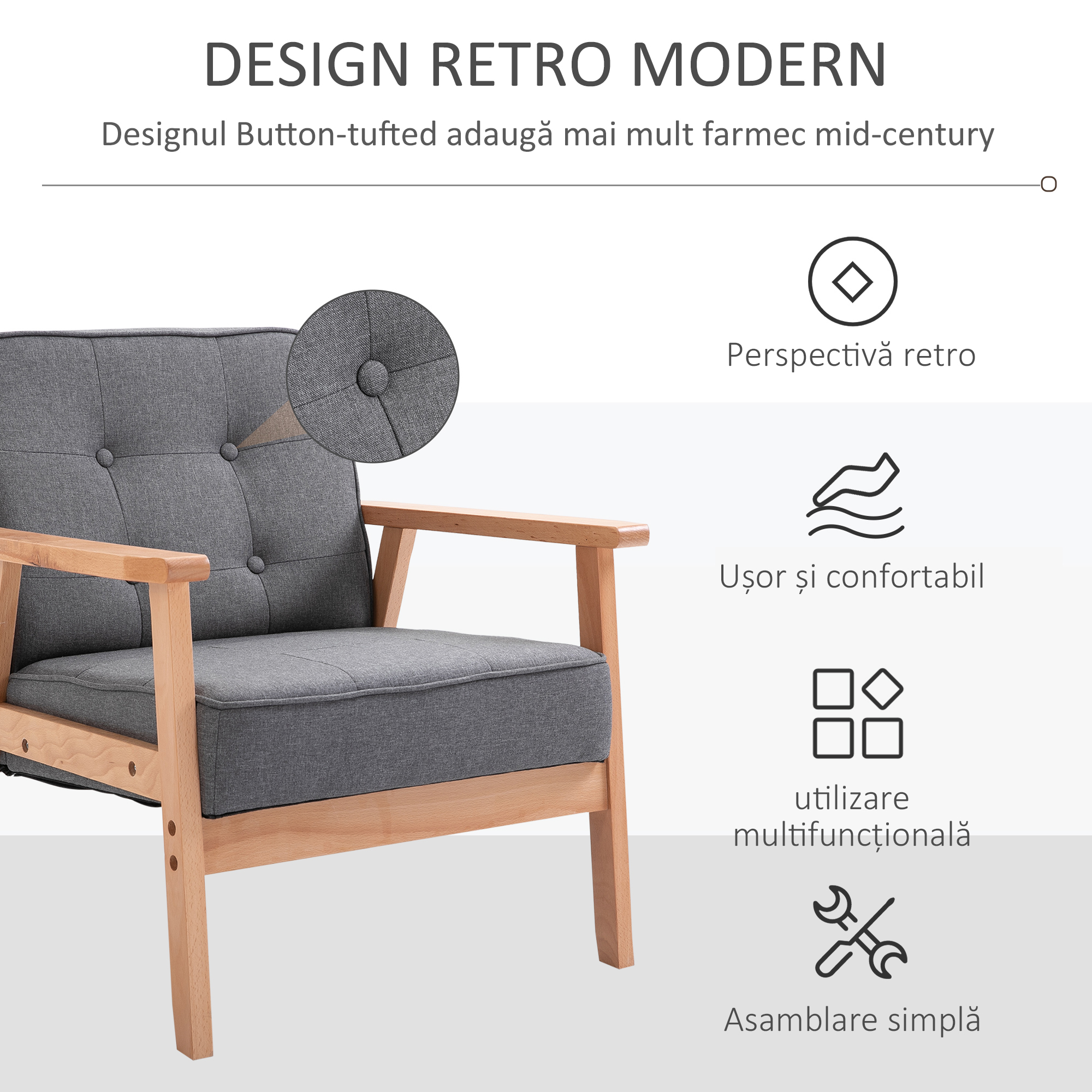  Fotoliu Vintage Stil Scandinav Moale si Confortabil Capitonat cu Butoni, 64,5x70x74 cm, Gri [3]