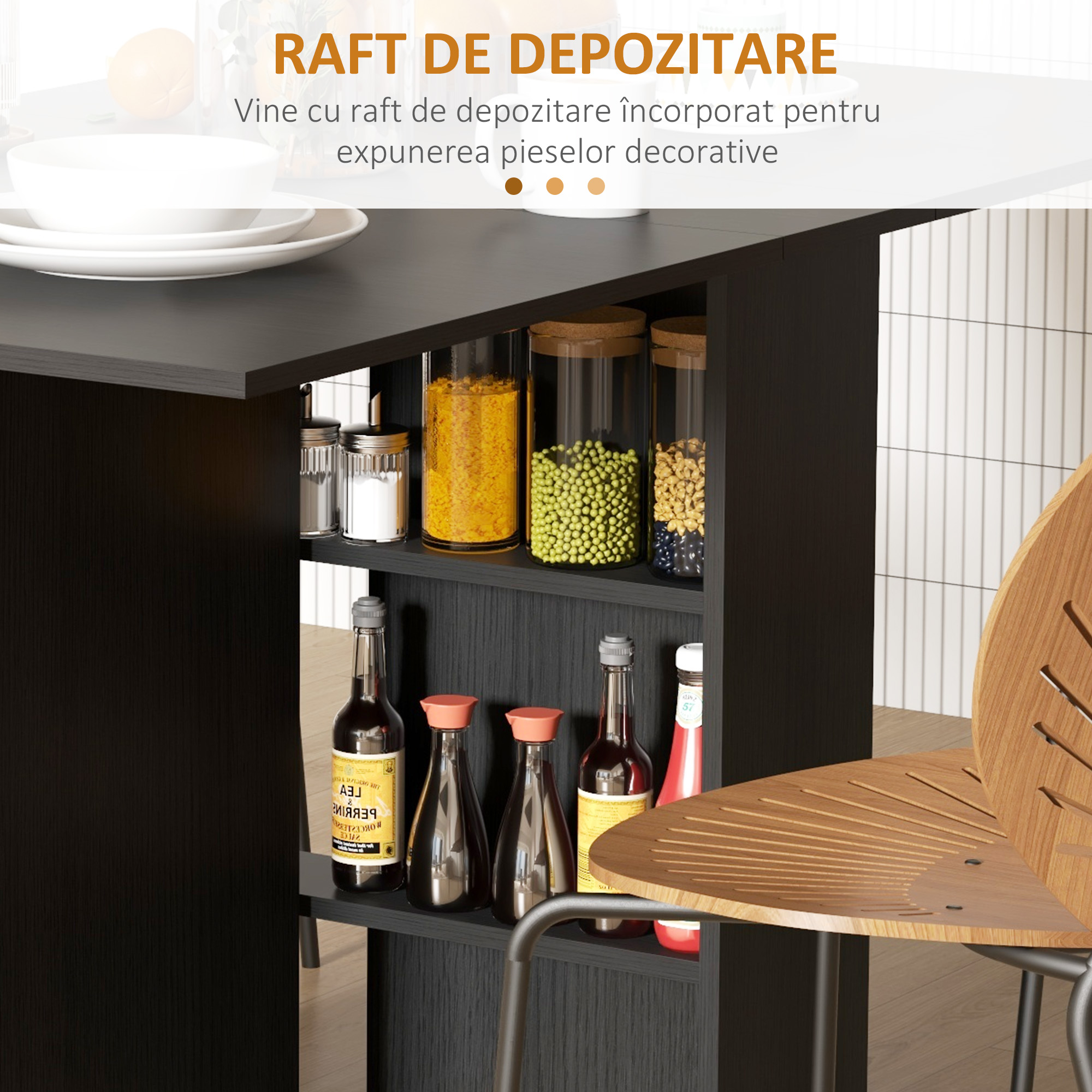  Masa pliabila compacta cu 2 extensii pentru 6 persoane, cu rafturi si roti, negru [5]
