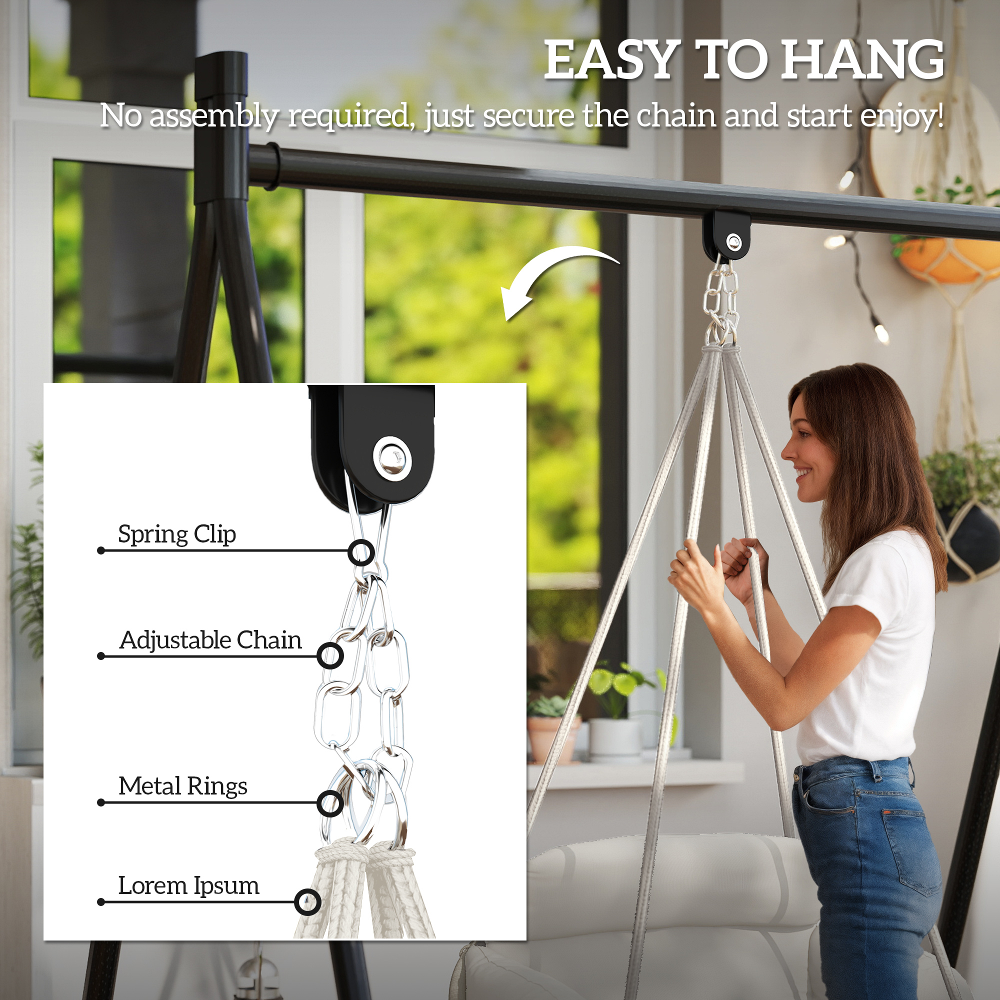  Fotoliu Suspendat de Exterior in Stil Boho cu Franjuri, Perna, Corzi si Inele, 80x60x40 cm, Crem [5]