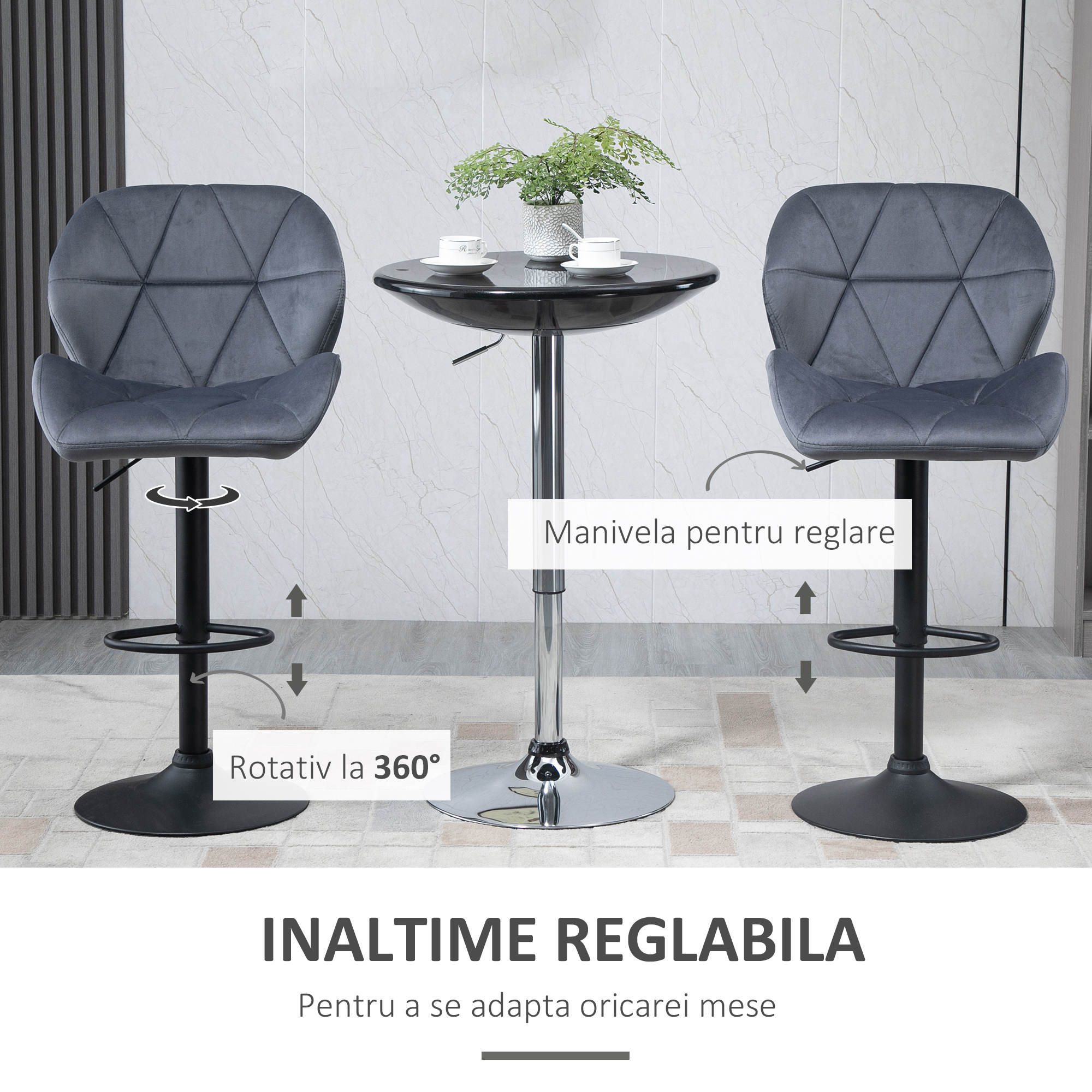  Set de 2 Scaune de Bar cu inaltime Reglabila, Baza Metalica si sezut din Catifea, 51.5x57.5x93-114.5 cm, Gri [3]