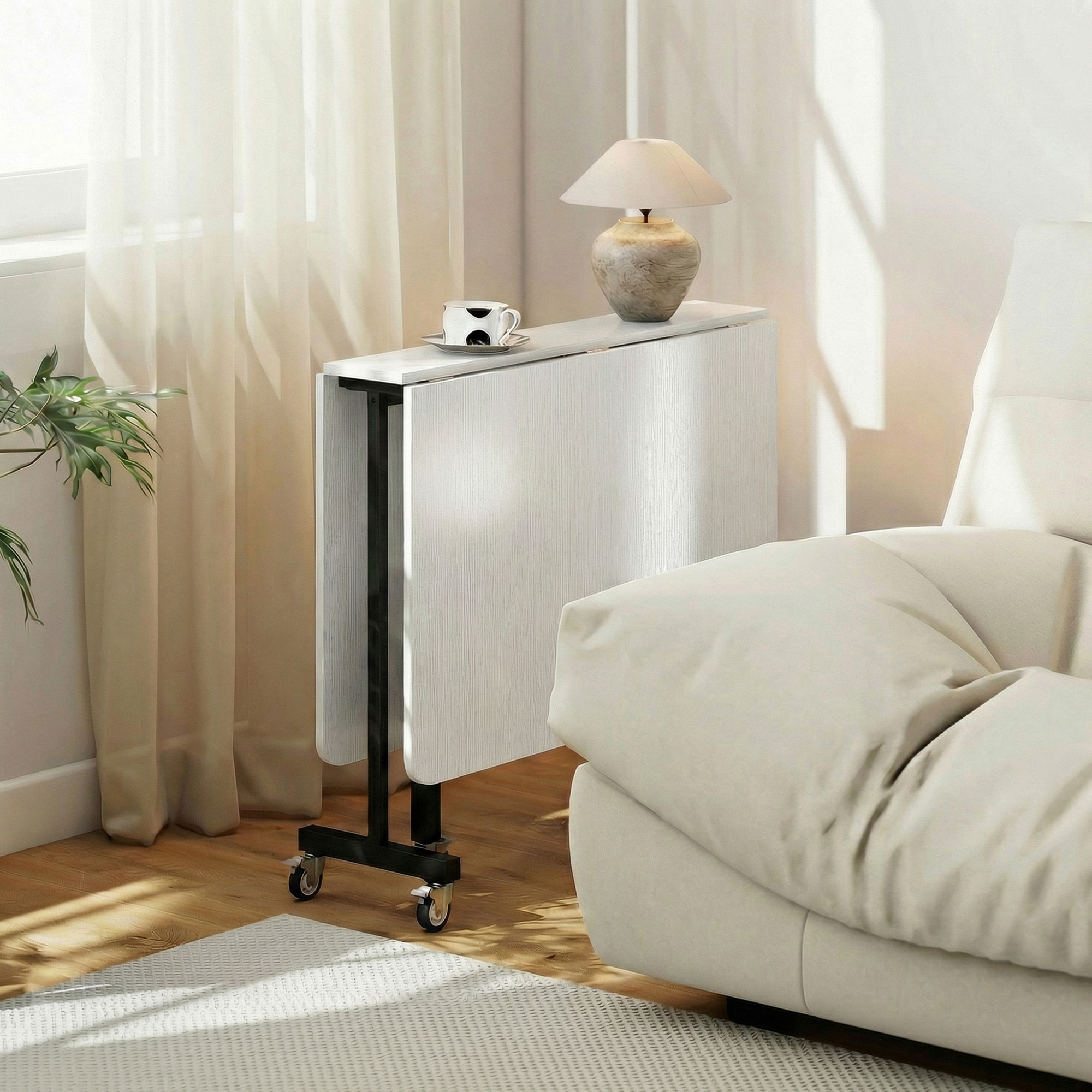  Masa pliabila pentru 4-6 persoane cu 2 extensii si roti cu frana, 120x80x73 cm, alb cu aspect de lemn [8]