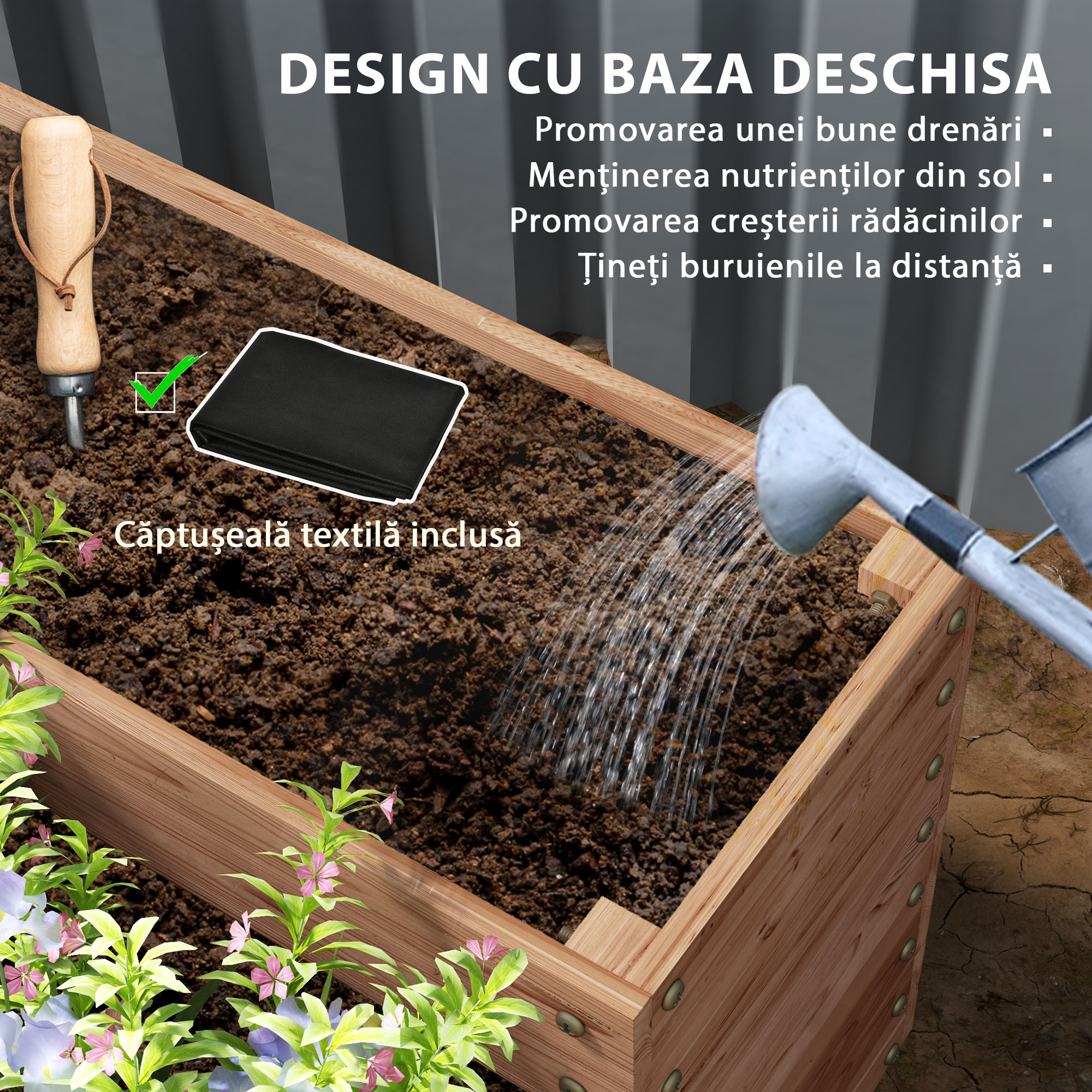  Strat inaltat de Gradina cu 4 Niveluri, Jardiniera de Balcon cu Baza Deschisa si Captuseala, 113x113x46 cm, Maro [4]