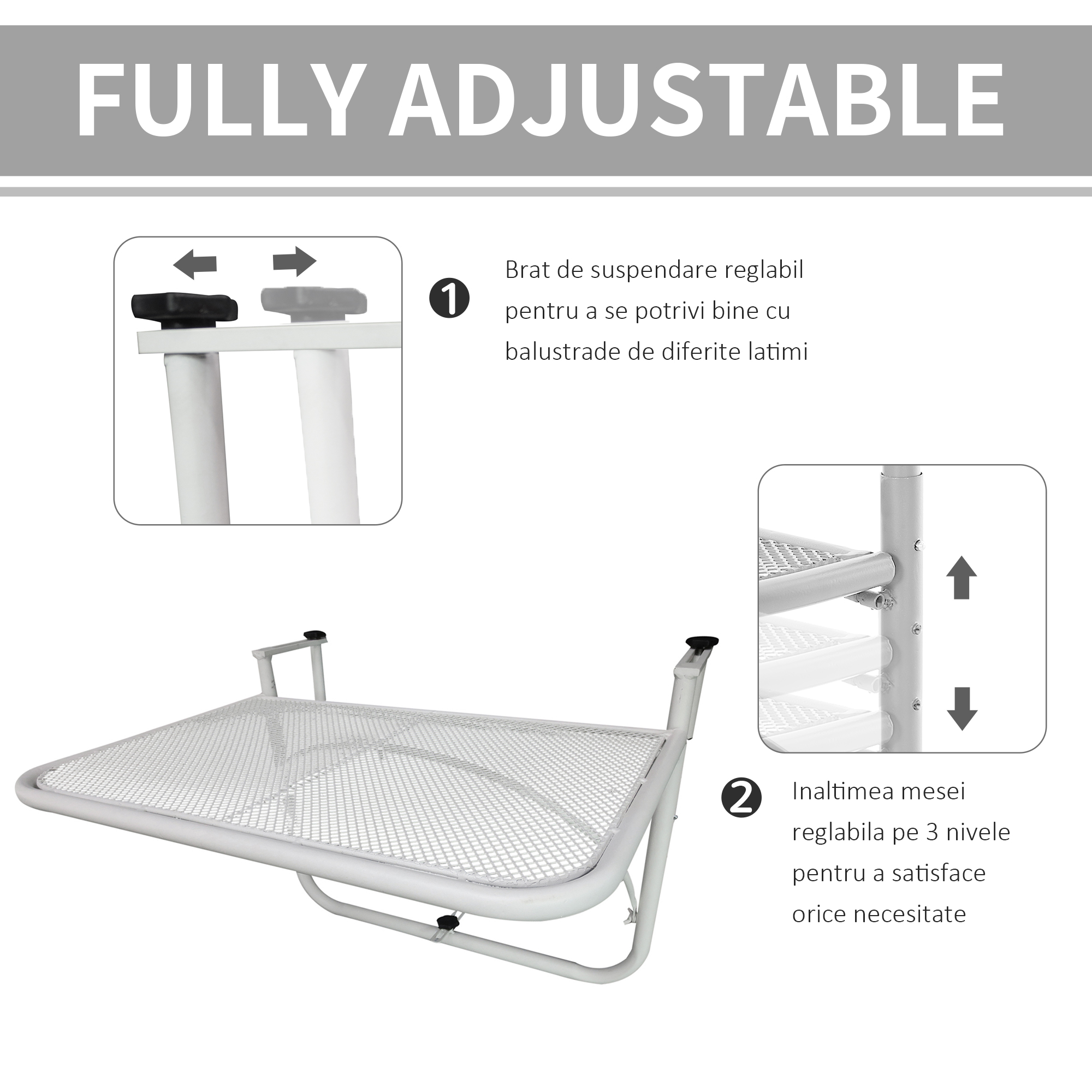  Masa suspendata pentru balustrada, reglare pe 3 niveluri, dreptunghiulara, din metal, 60x40x40/45/50cm alb [3]