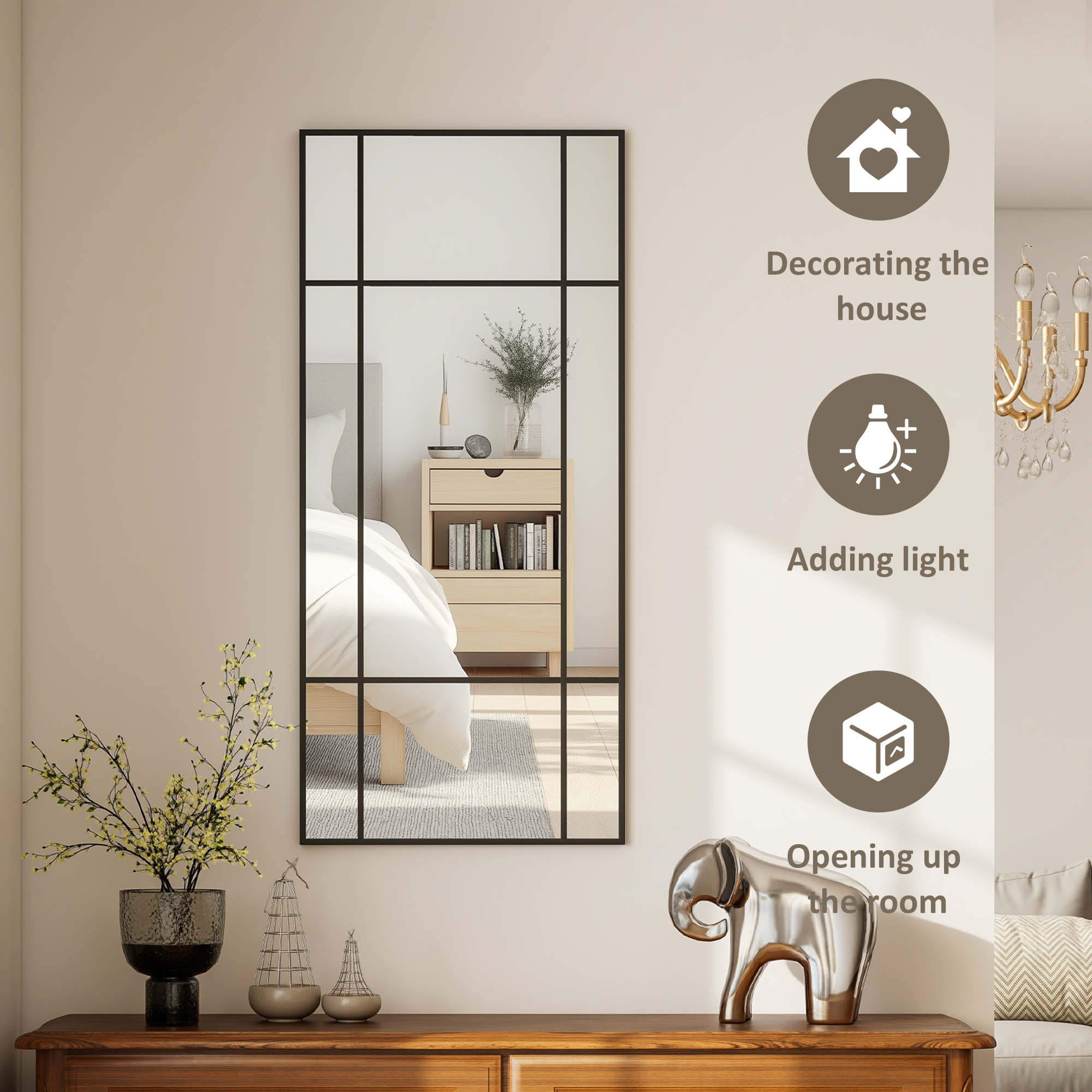  Oglinda de Perete Stil Fereastra cu Montaj Vertical si Orizontal, 110x50cm, Negru [3]