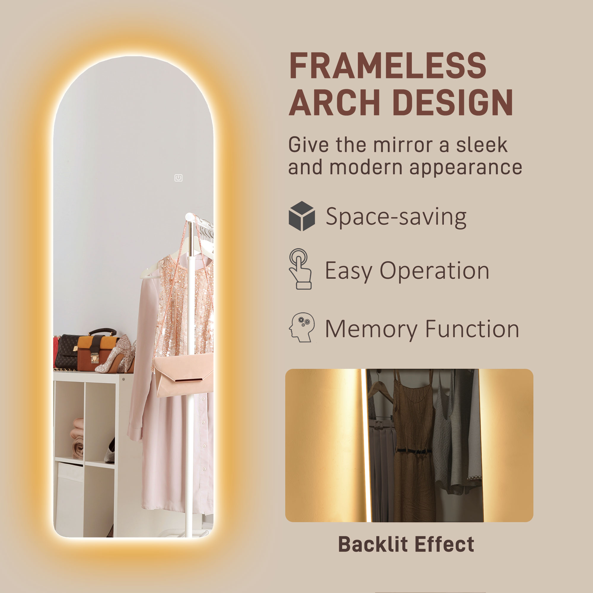  Oglinda de Perete Arcuita cu Iluminare LED Reglabila si Control Touch, din Sticla Temperata, 40x3x120 cm [6]