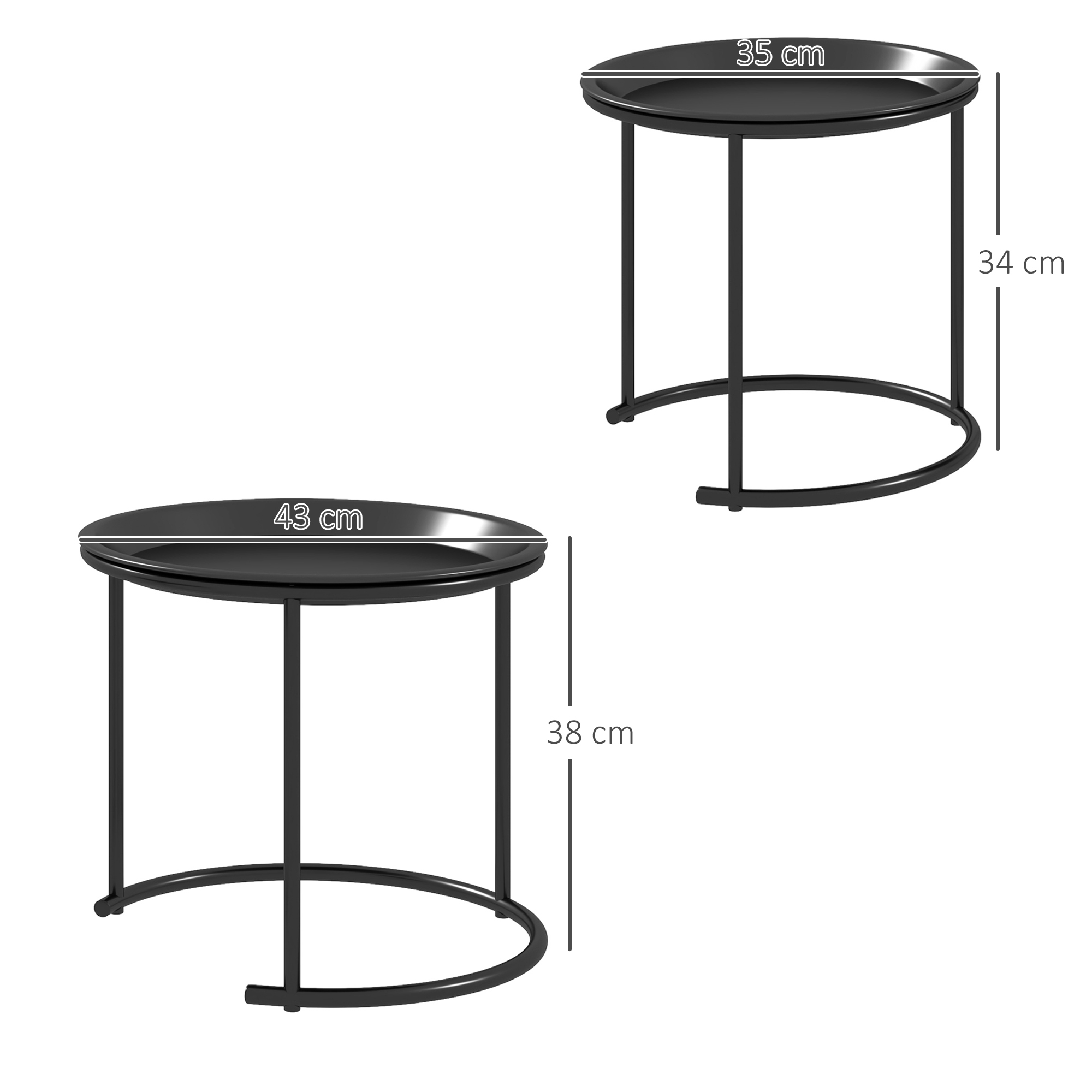  Set 2 Masute de Cafea Suprapozabile Rotunde cu Tavi Detasabile din Otel, Negru [2]