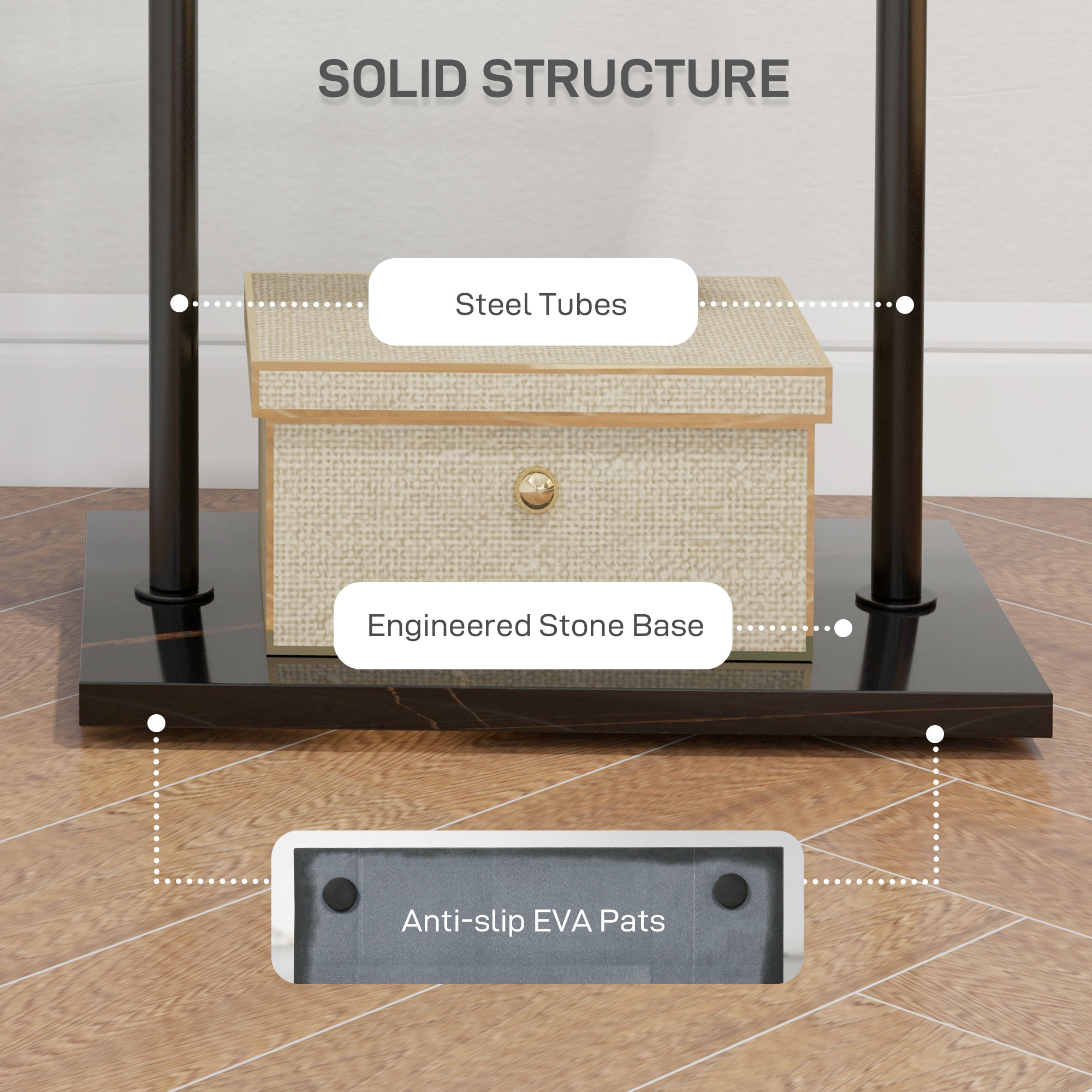  Cuier de Podea in Forma de C cu 3 Carlige, Baza din piatra si Picioare Antiderapante, 45x28x148 cm, Negru [4]