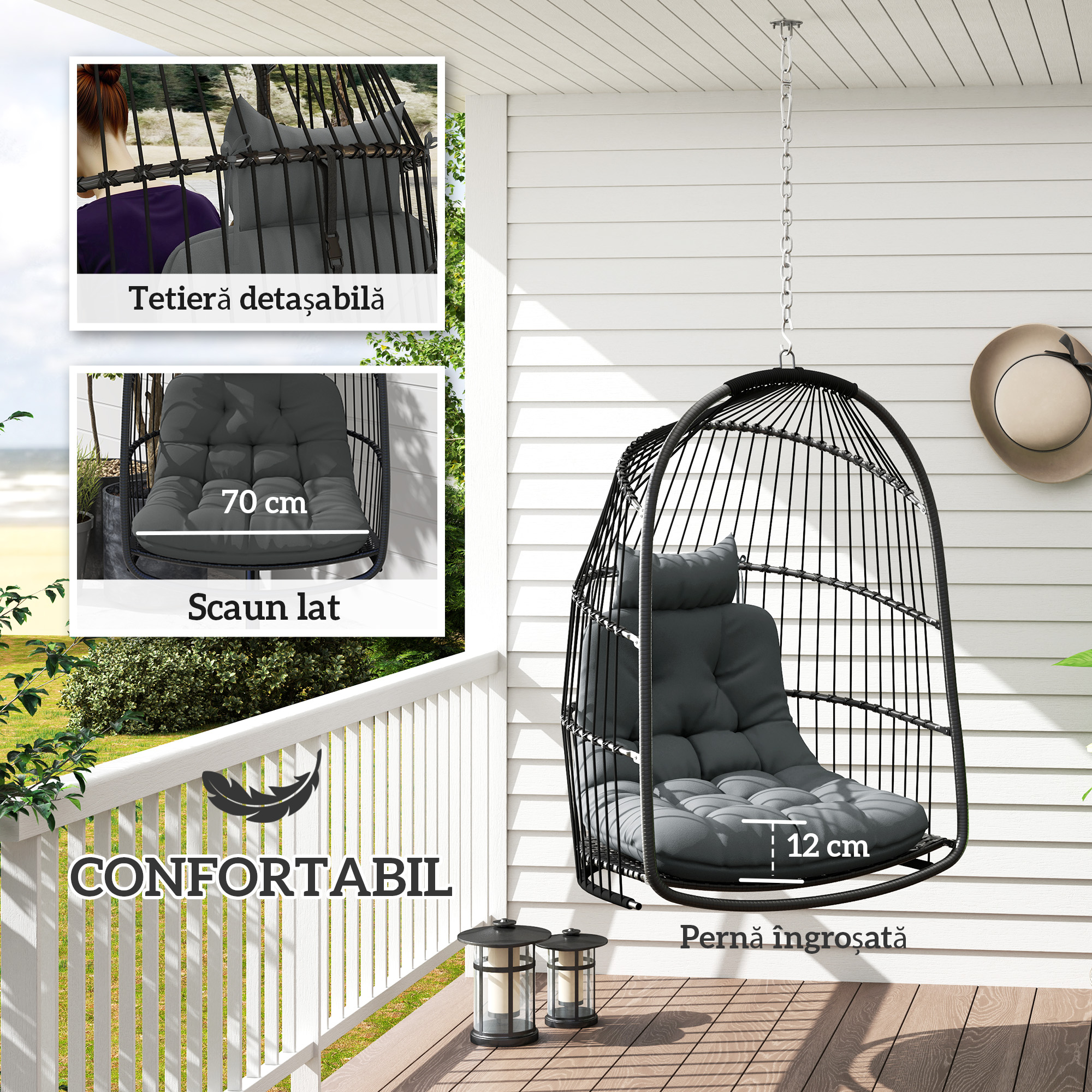  Fotoliu Suspendat Pliabil pentru Interior si Exterior cu Perna si Tetiera, Gri inchis [3]