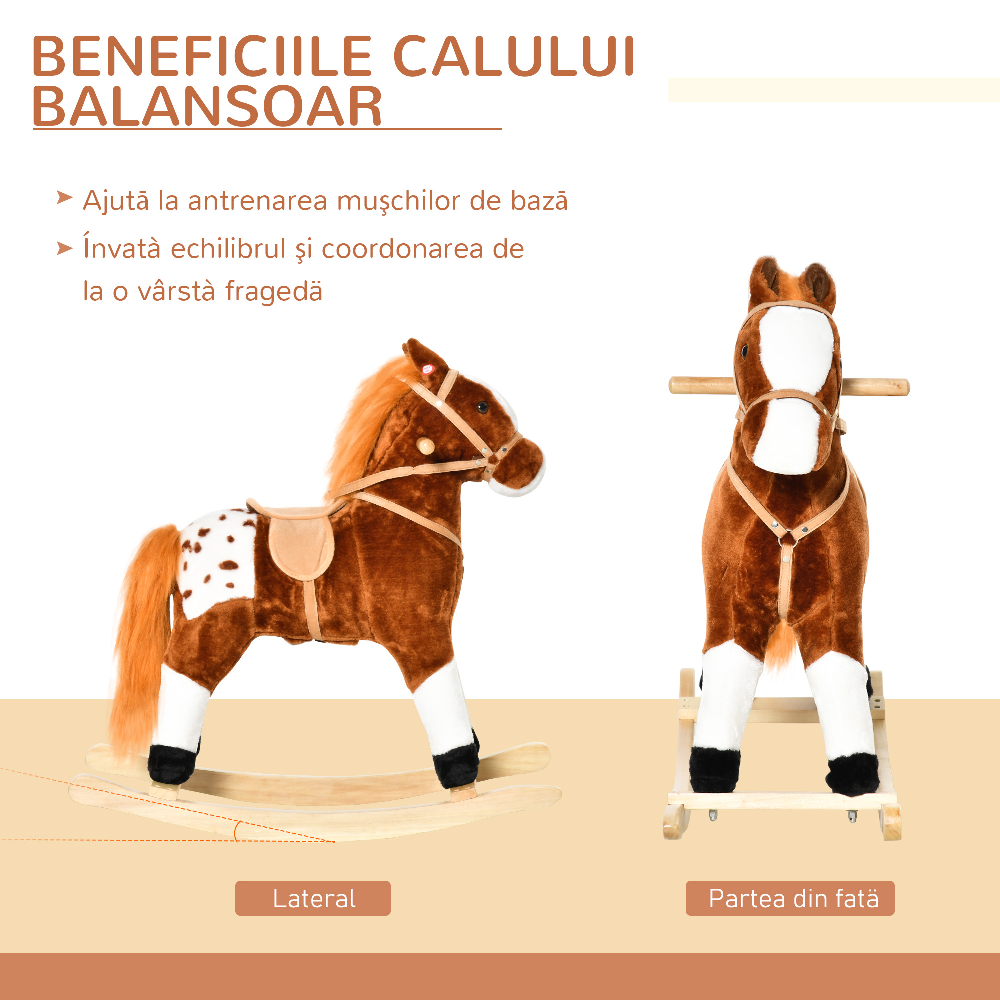  Calut Balansoar din Lemn pentru Copii 3-6 Ani cu Sunet de Animal si sa, 74x28x65 cm, Maro [5]