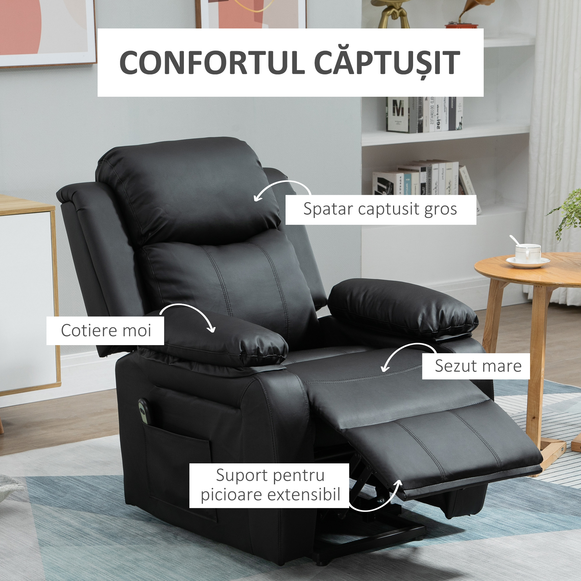  Fotoliu Recliner Electric cu Functie de Ridicare, Tapiterie Groasa si Telecomanda, 96x93x105 cm, Negru [6]